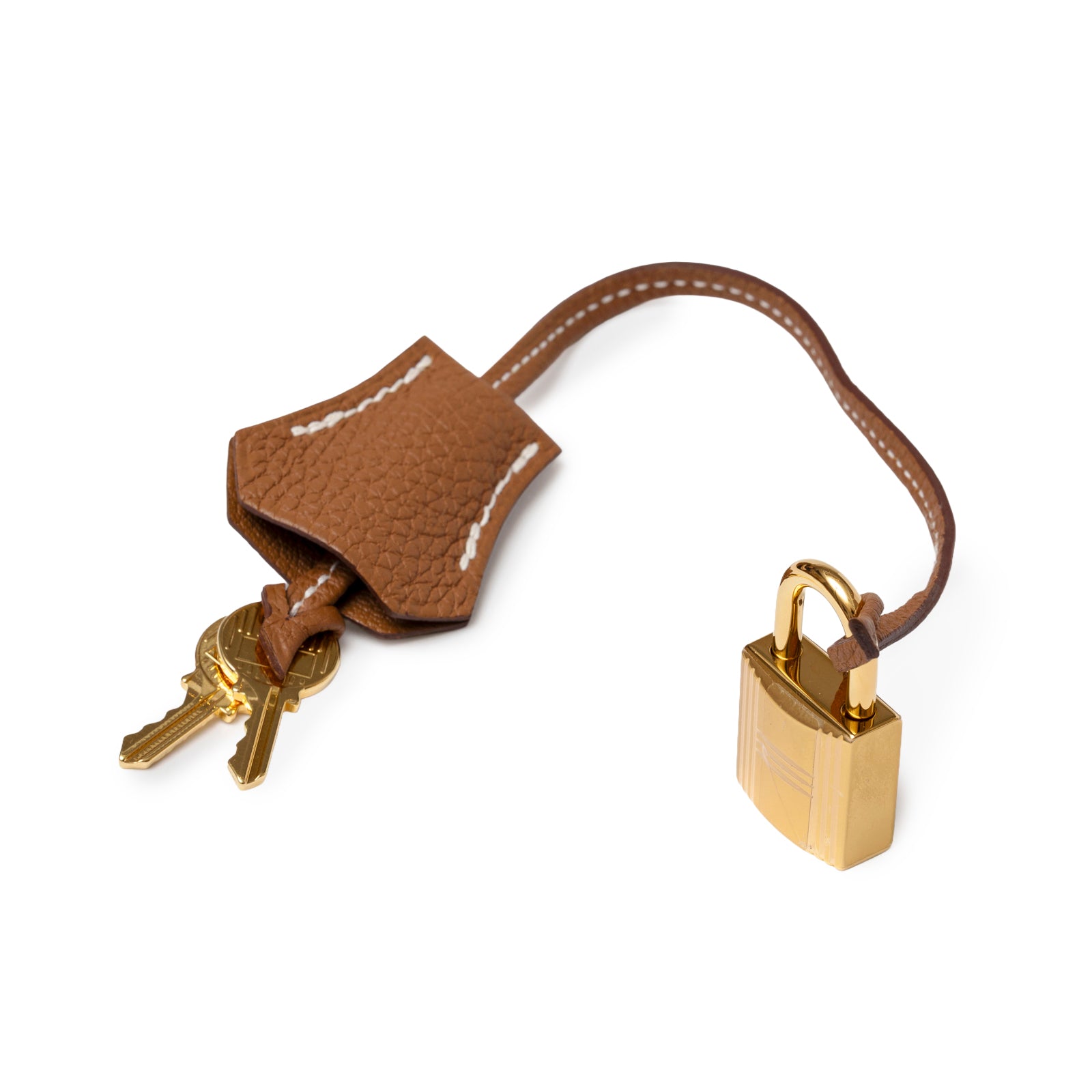 Leather clochette with two gold keys and polished gold padlock for Hermès Mini Garden Party Neo 23 Bredies Gold Bai Brun Craie Togo Palladium Hardware