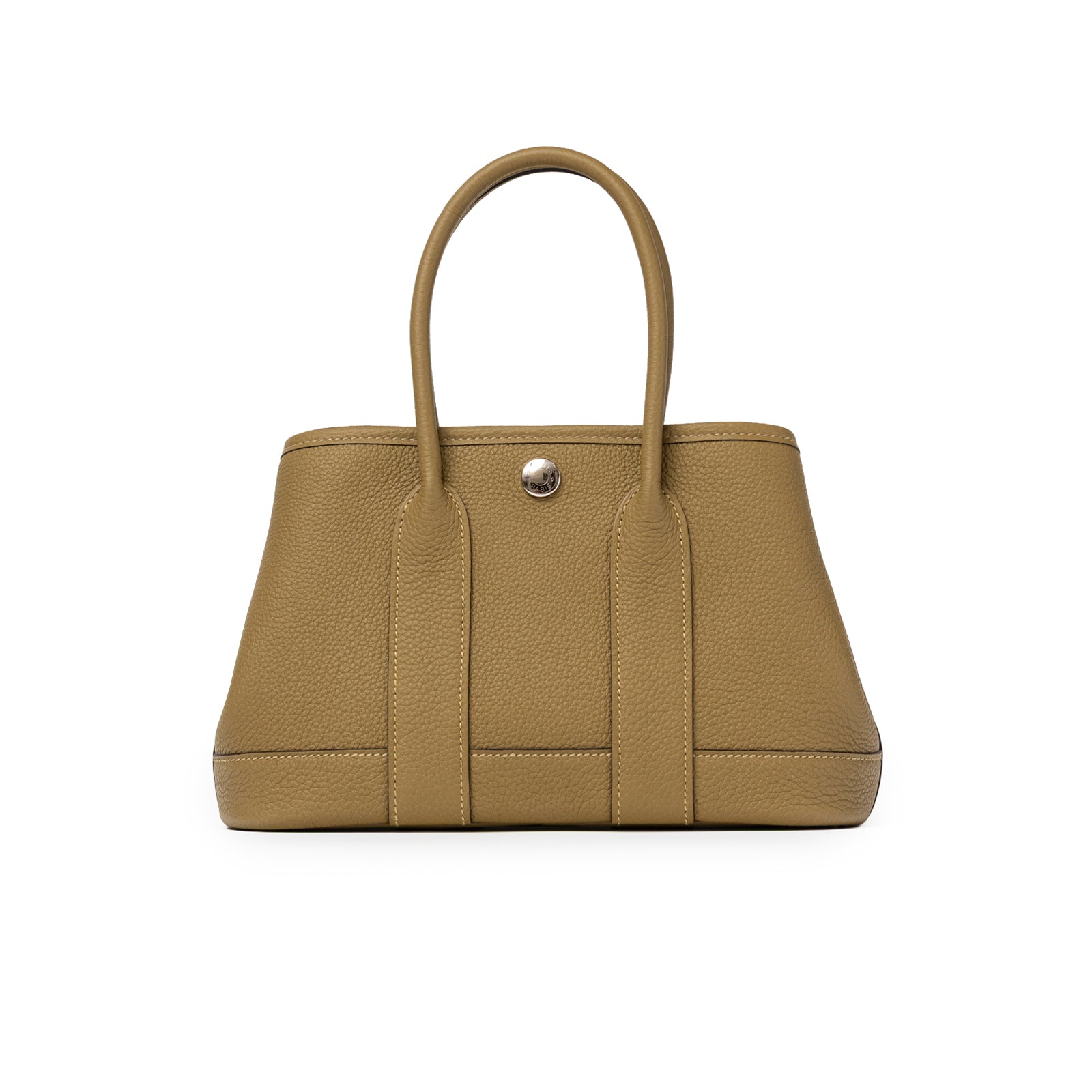 Back view of Hermès Mini Garden Party Neo 23 Dune Negonda Palladium Hardware in textured leather