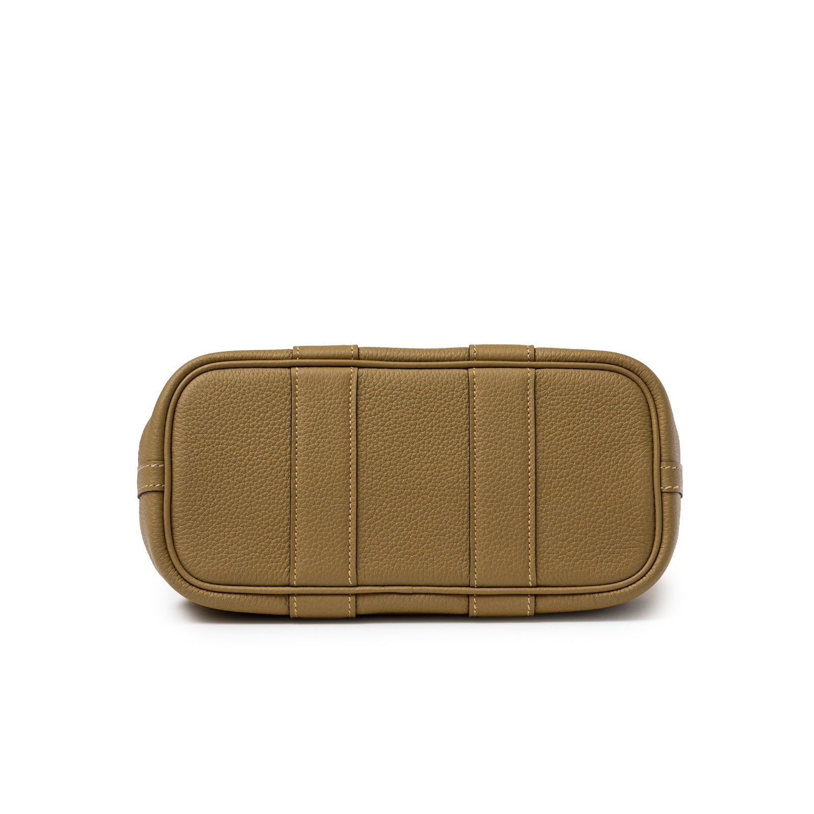 Bottom view of Hermès Mini Garden Party Neo 23 Dune Negonda Palladium Hardware showing textured leather base and stitching details