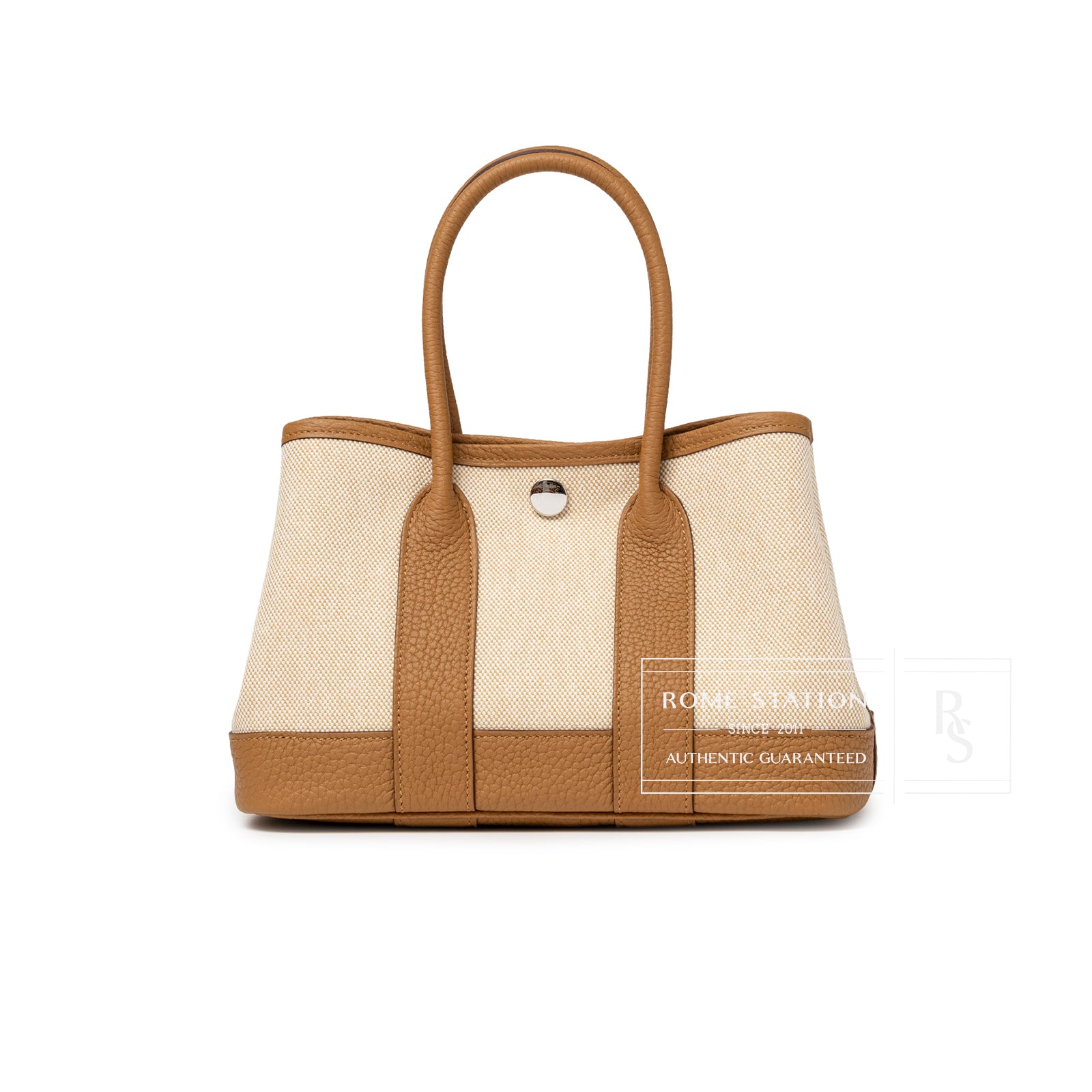 Front view of Hermès Mini Garden Party Neo 23 Ecru-Paille Toile H Canvas and Sesame Negonda Palladium Hardware handbag with leather trim