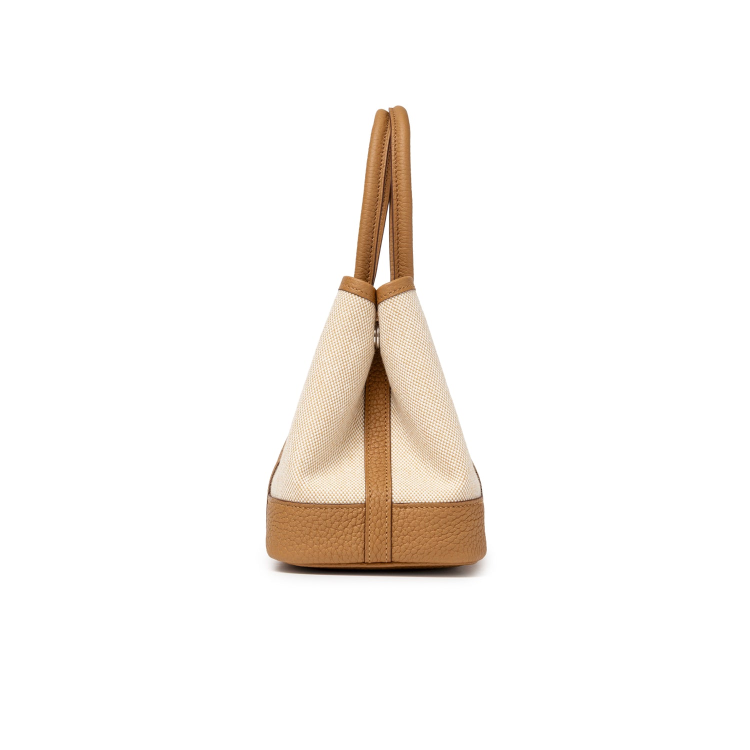Side view of Hermès Mini Garden Party Neo 23 Ecru-Paille Toile H Canvas and Sesame Negonda Palladium Hardware bag