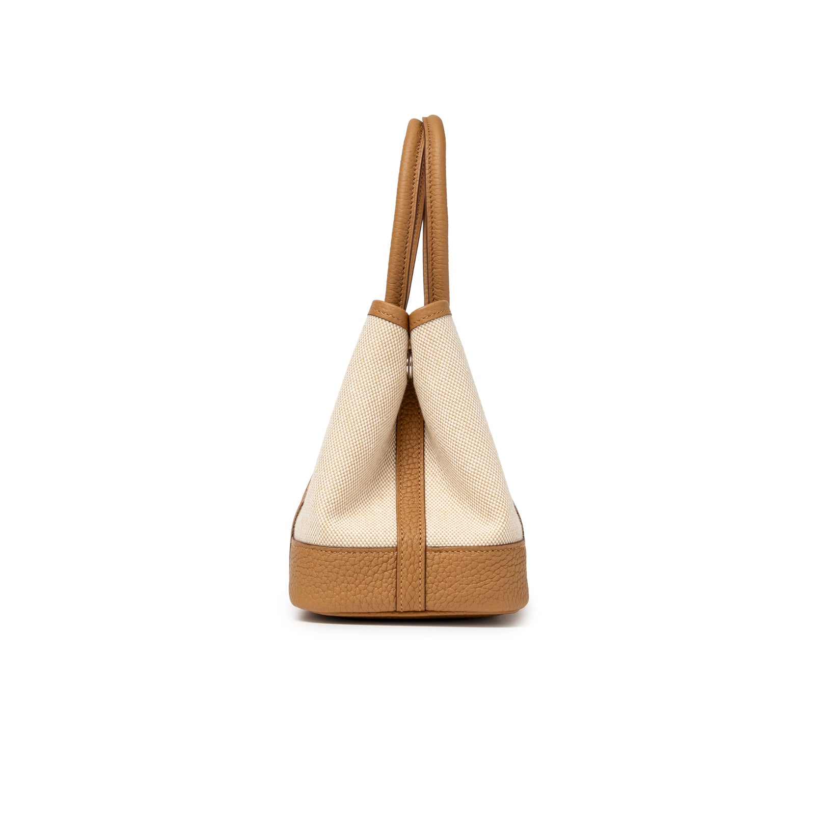Side view of Hermès Mini Garden Party Neo 23 Ecru-Paille Toile H Canvas and Sesame Negonda Palladium Hardware bag