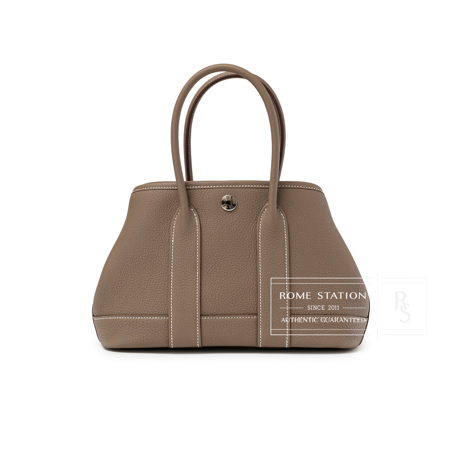 Front view of Hermès Mini Garden Party Neo 23 Etoupe Negonda Palladium Hardware handbag with white stitching