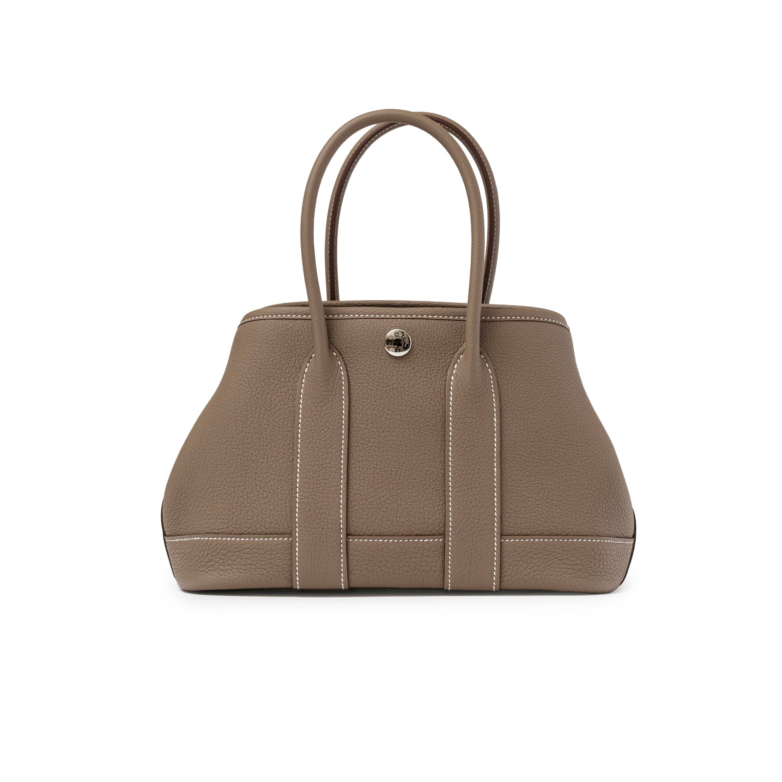 Back view of Hermès Mini Garden Party Neo 23 Etoupe Negonda Palladium Hardware handbag on white background