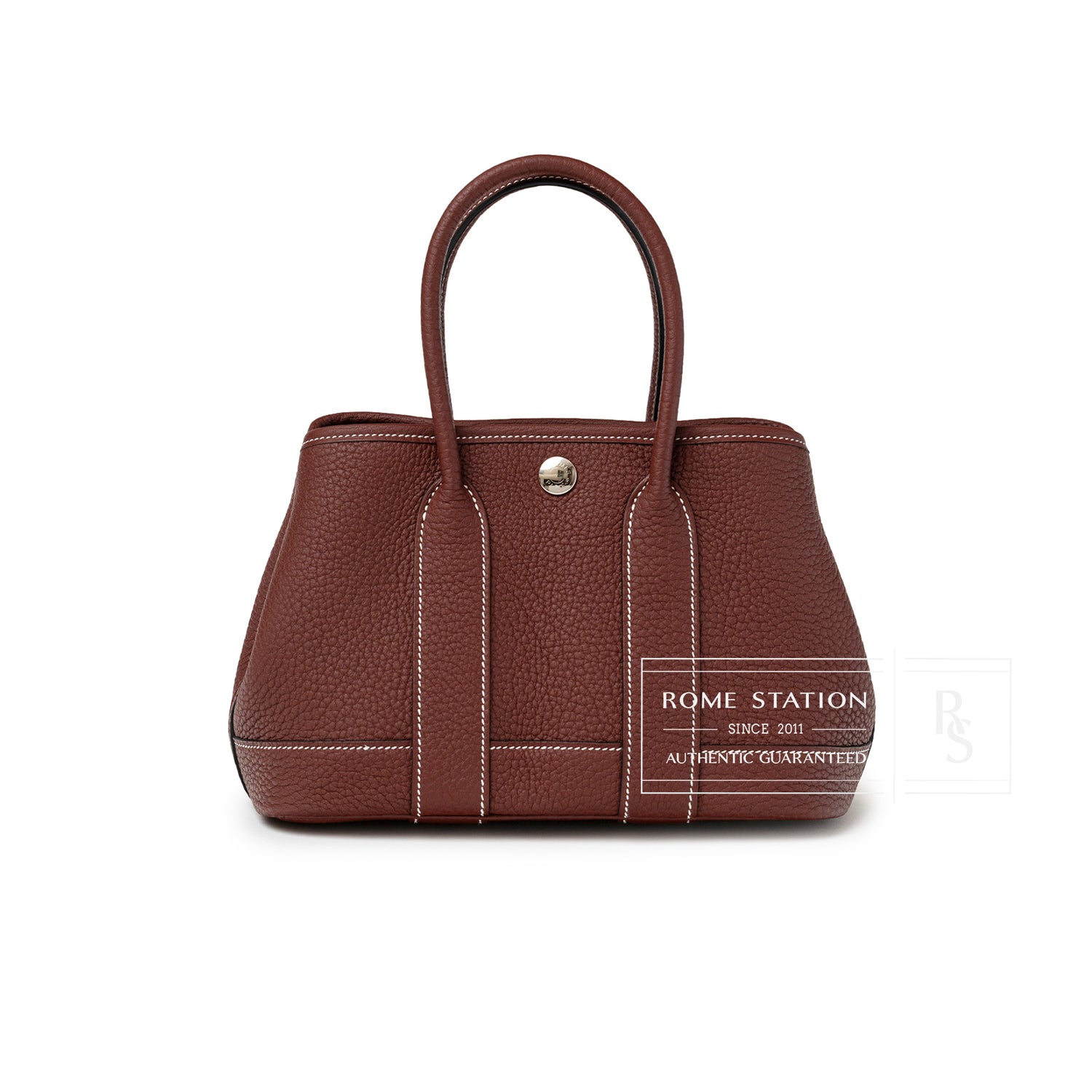 Front view of Hermès Mini Garden Party Neo 23 Rouge H Negonda Palladium Hardware with textured leather and white stitching