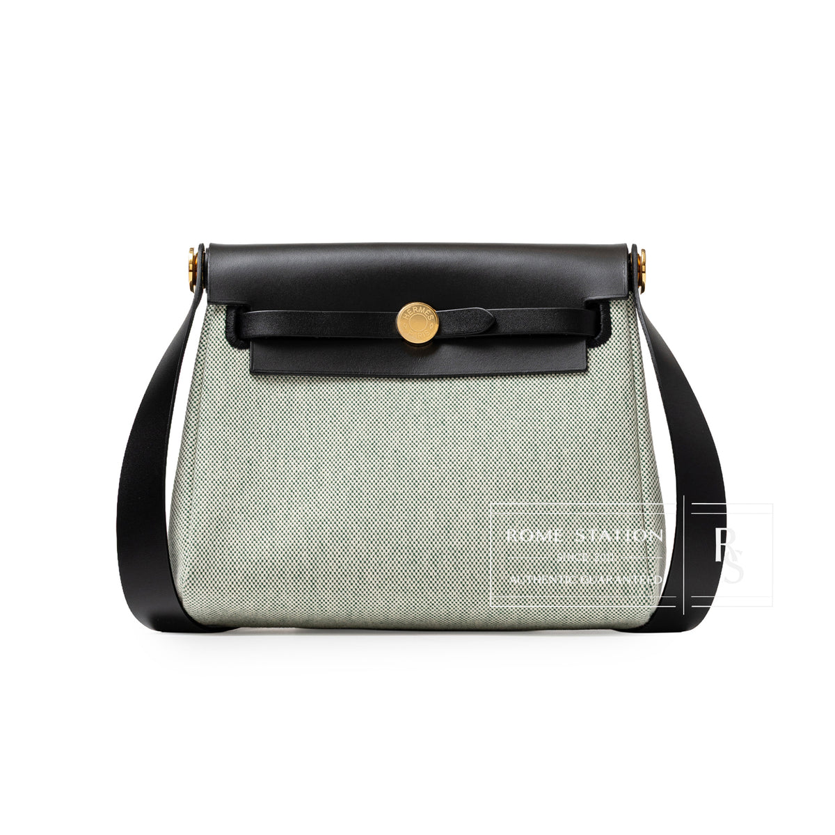 Hermès Mini Herbag Zip 20 Black Ecru Vert Moyen Toile Gold Hardware front view with flap and strap