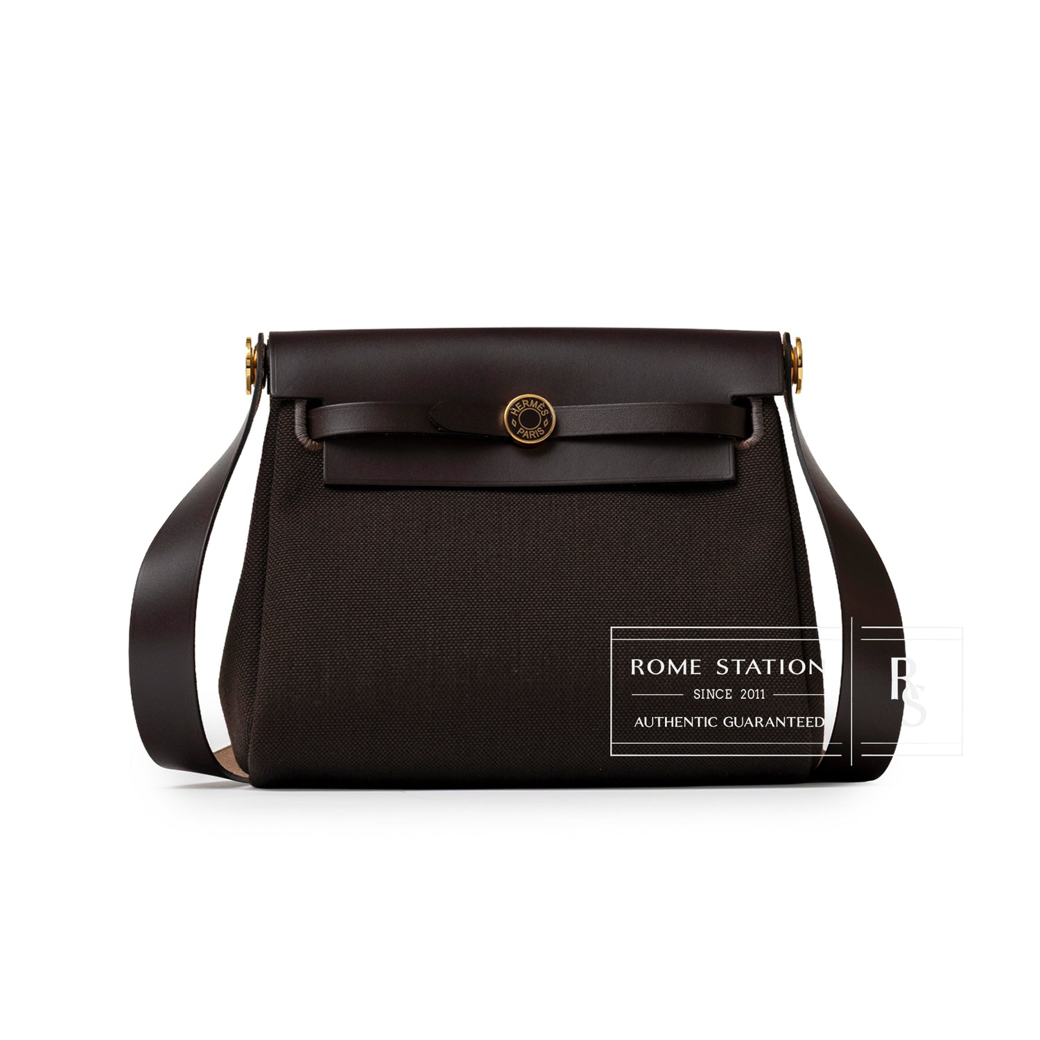 Hermès Mini Herbag Zip 20 Ebene Toile and Vache Hunter Gold Hardware front view with flap and turnlock
