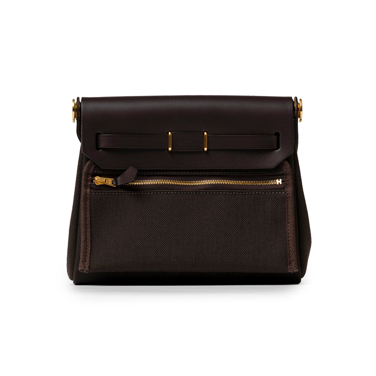 Hermès Mini Herbag Zip 20 Ebene Toile and Vache Hunter Gold Hardware back view with zipper pocket