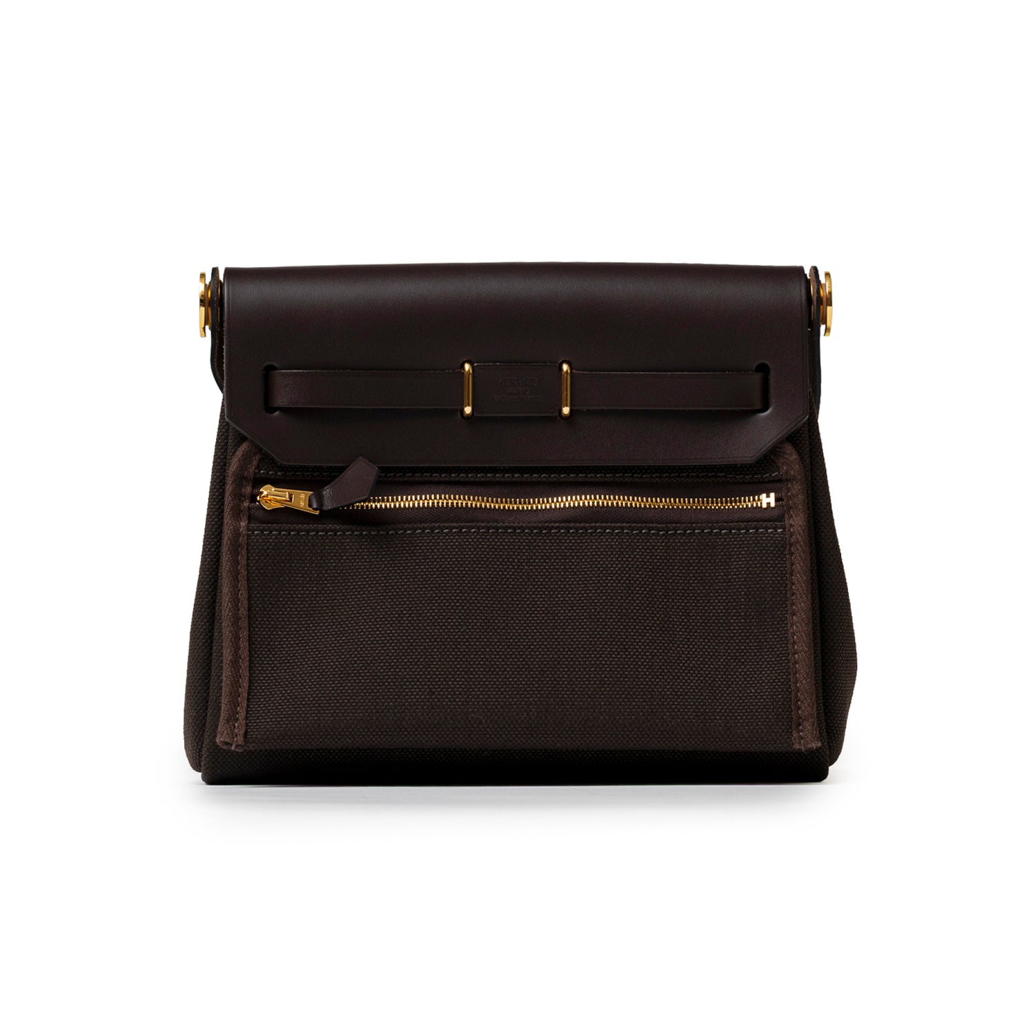 Hermès Mini Herbag Zip 20 Ebene Toile and Vache Hunter Gold Hardware back view with zipper pocket
