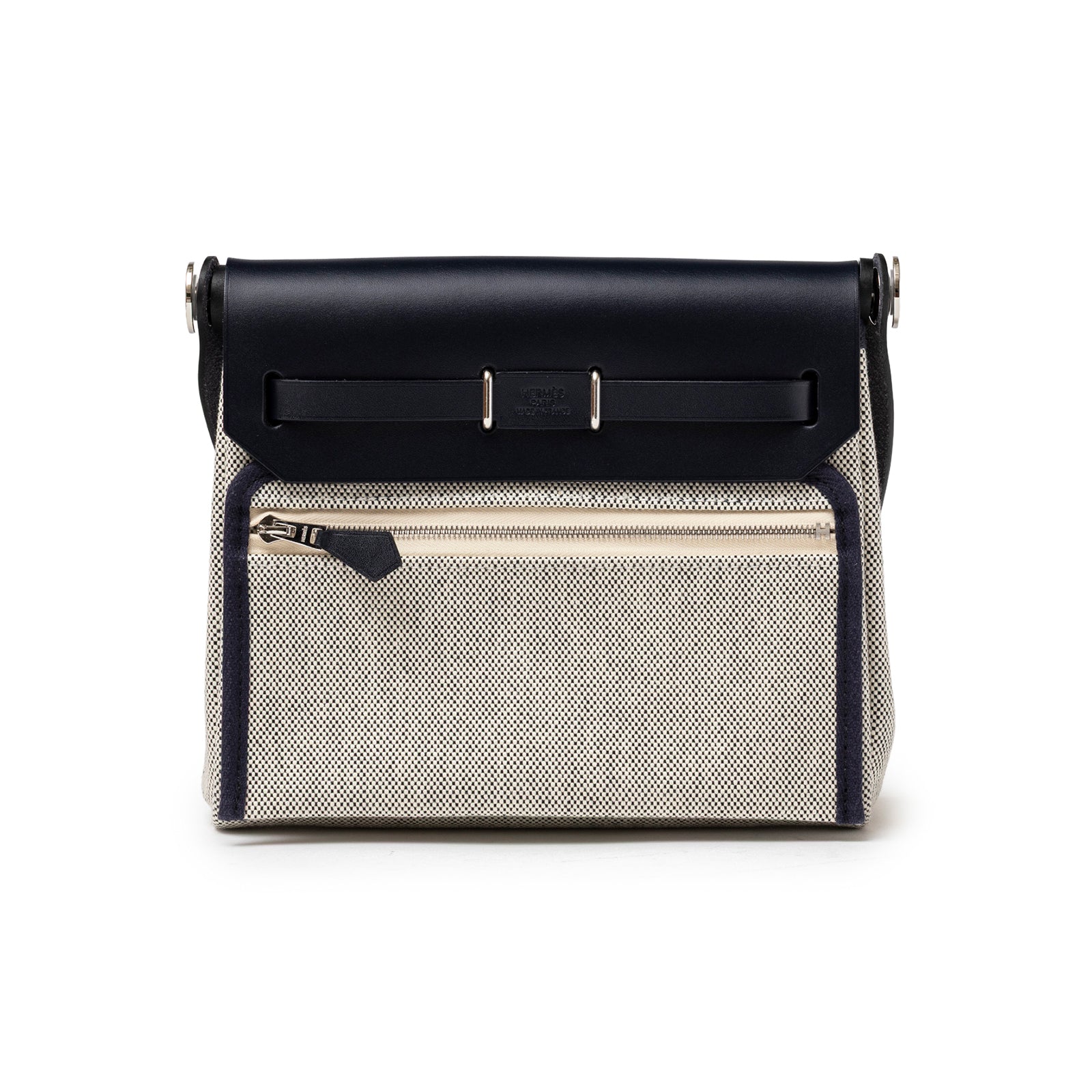 Back view of Hermès Mini Herbag Zip 20 Ecru-Black Blue Indigo Toile and Vache Hunter Palladium Hardware bag