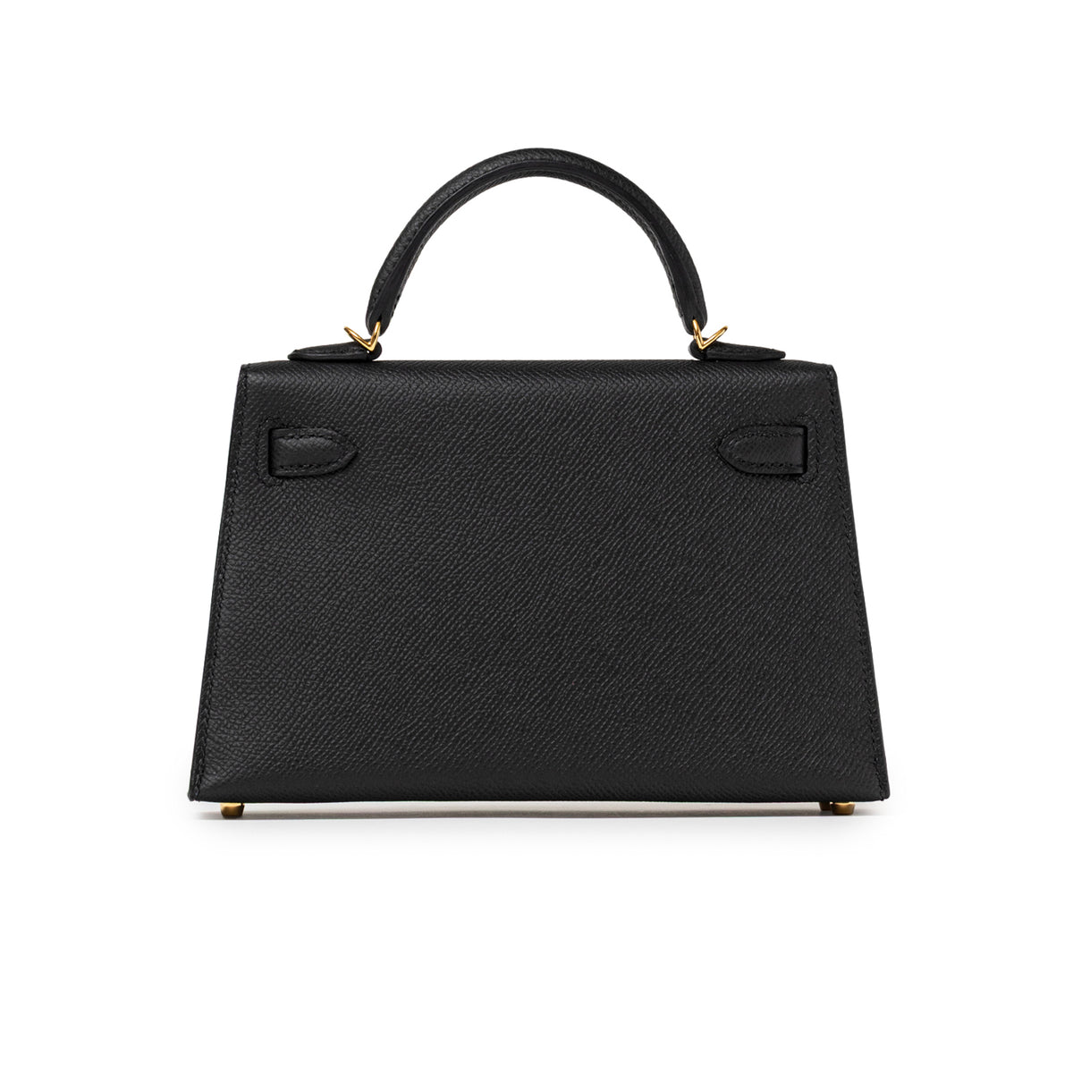 Back view of Hermès Mini Kelly II Sellier 20 Black Epsom Gold Hardware showing grain texture and handle detail