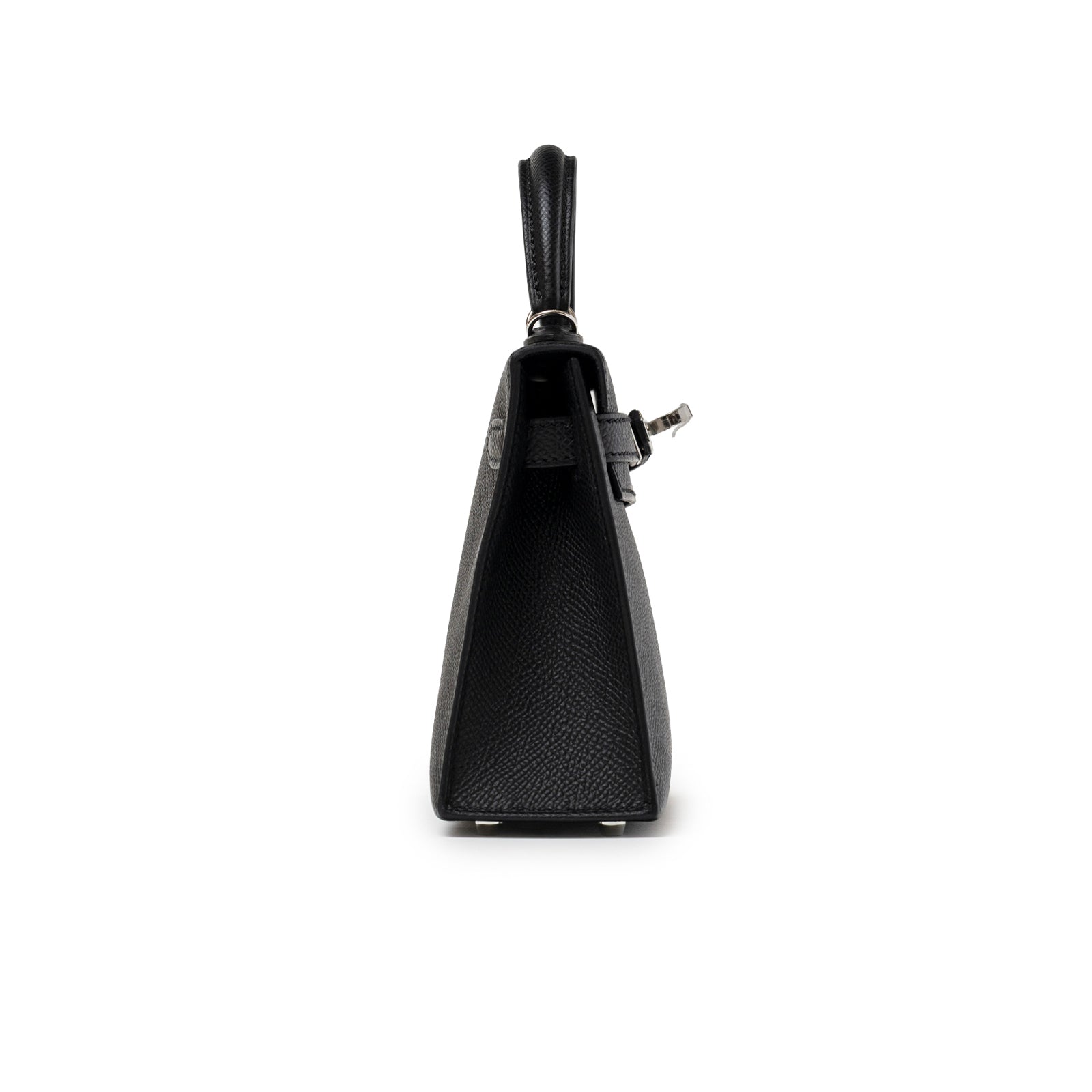 Side view of Hermès Mini Kelly II Sellier Black Epsom Palladium Hardware showing structured leather profile