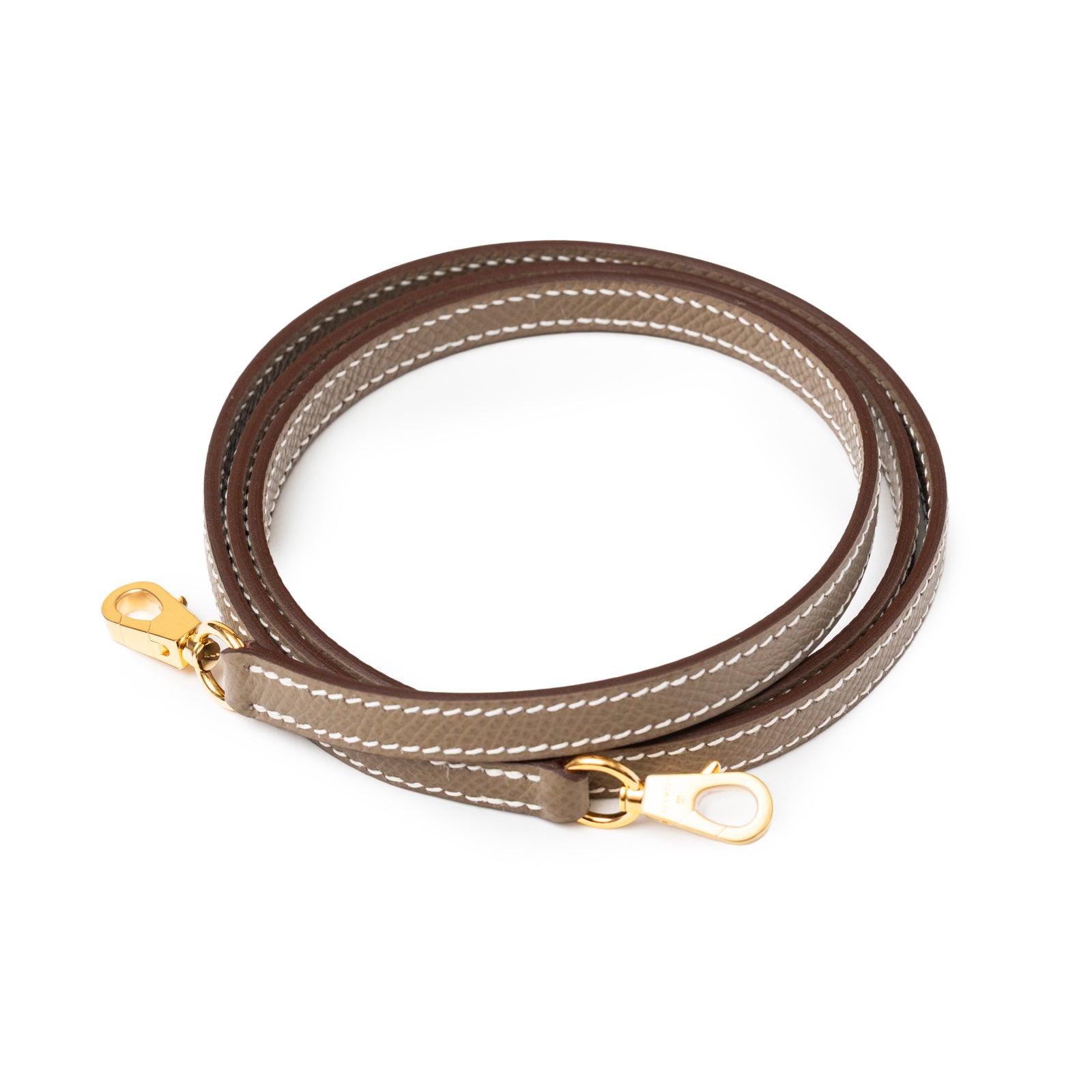Coiled Hermès Mini Kelly II Sellier Etoupe Epsom Gold Hardware detachable leather strap with gold clasps and white stitching