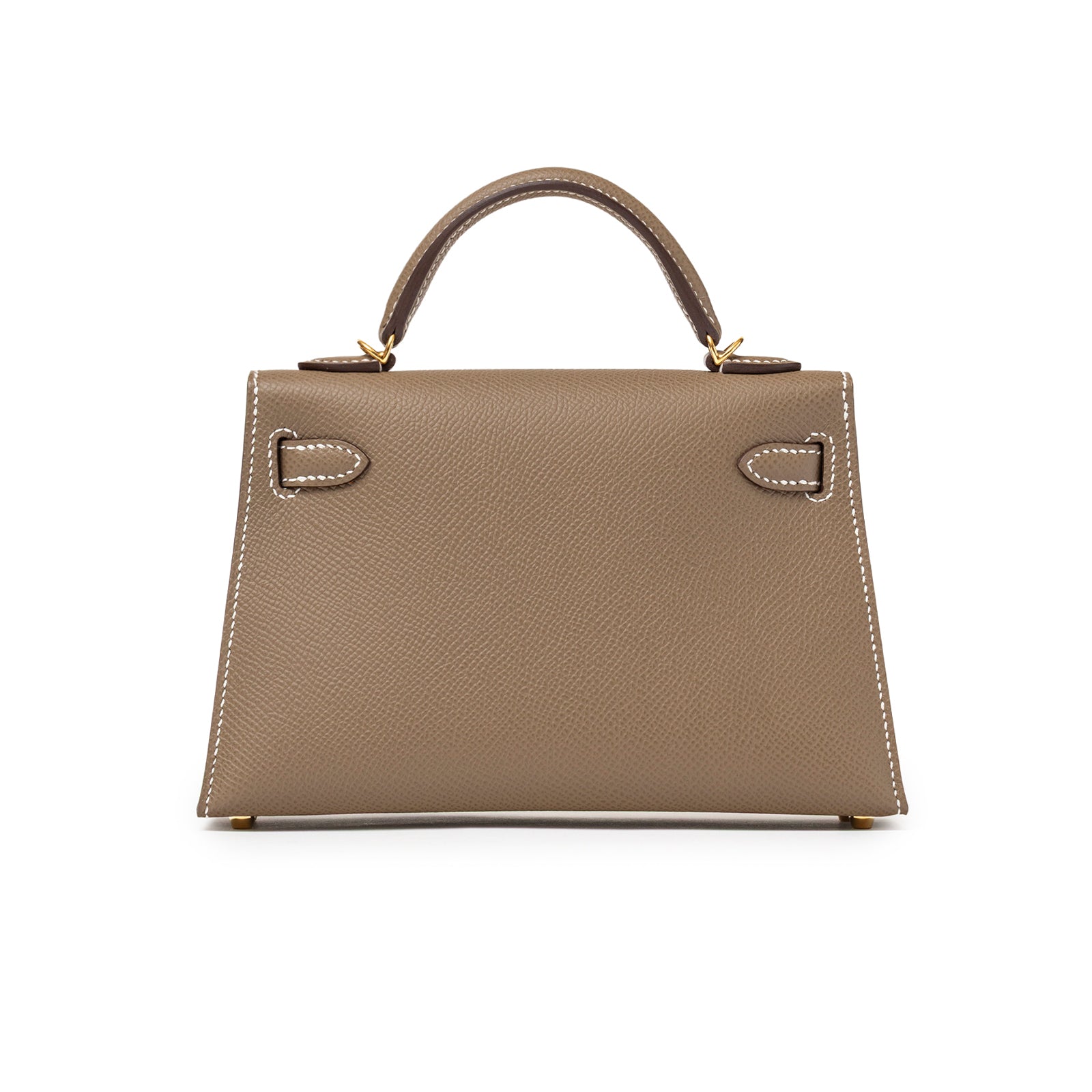Back view of Hermès Mini Kelly II Sellier Etoupe Epsom Gold Hardware showcasing smooth leather and white stitching detail