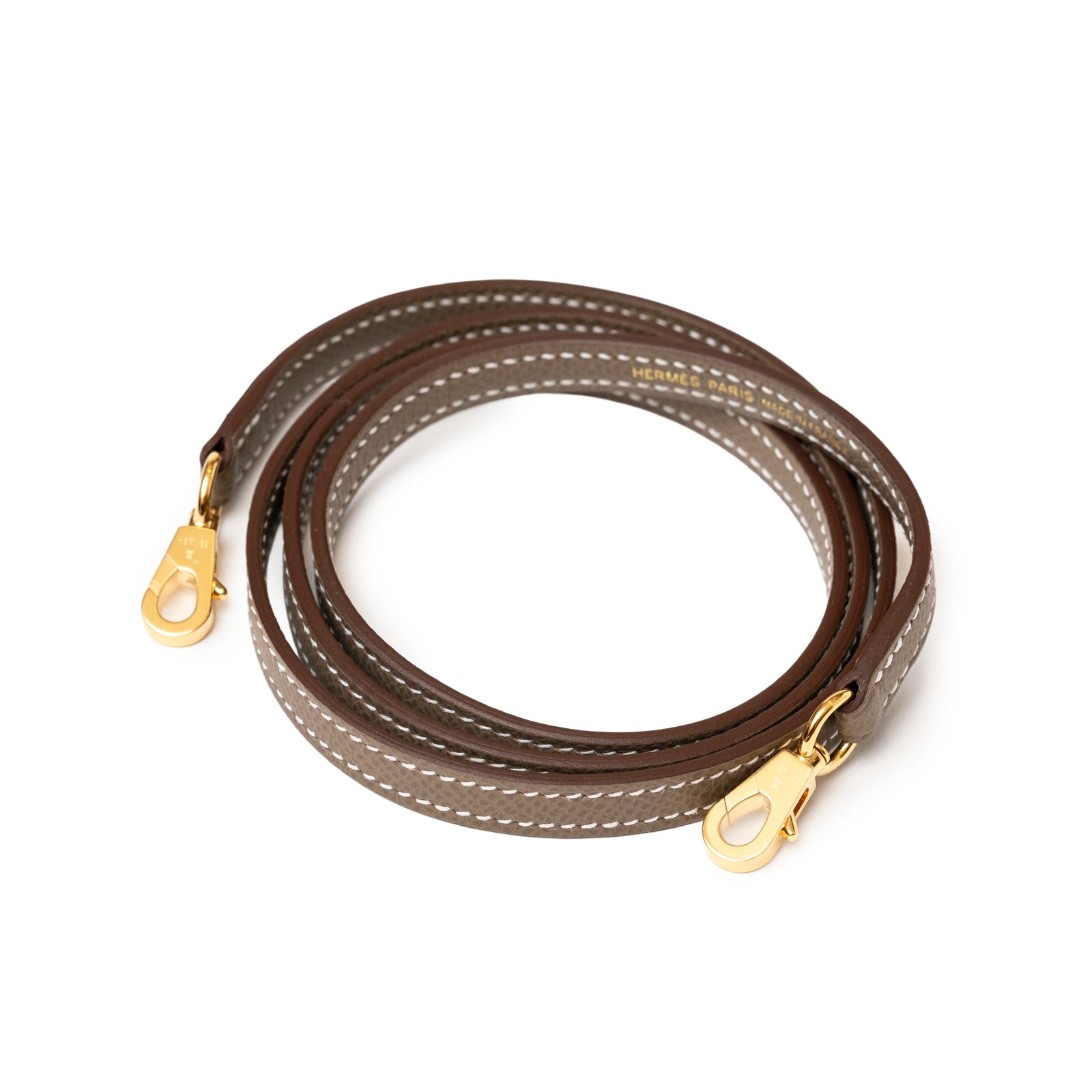 Coiled strap with white stitching and gold hardware for Hermès Mini Kelly II Sellier Etoupe Epsom Gold Hardware
