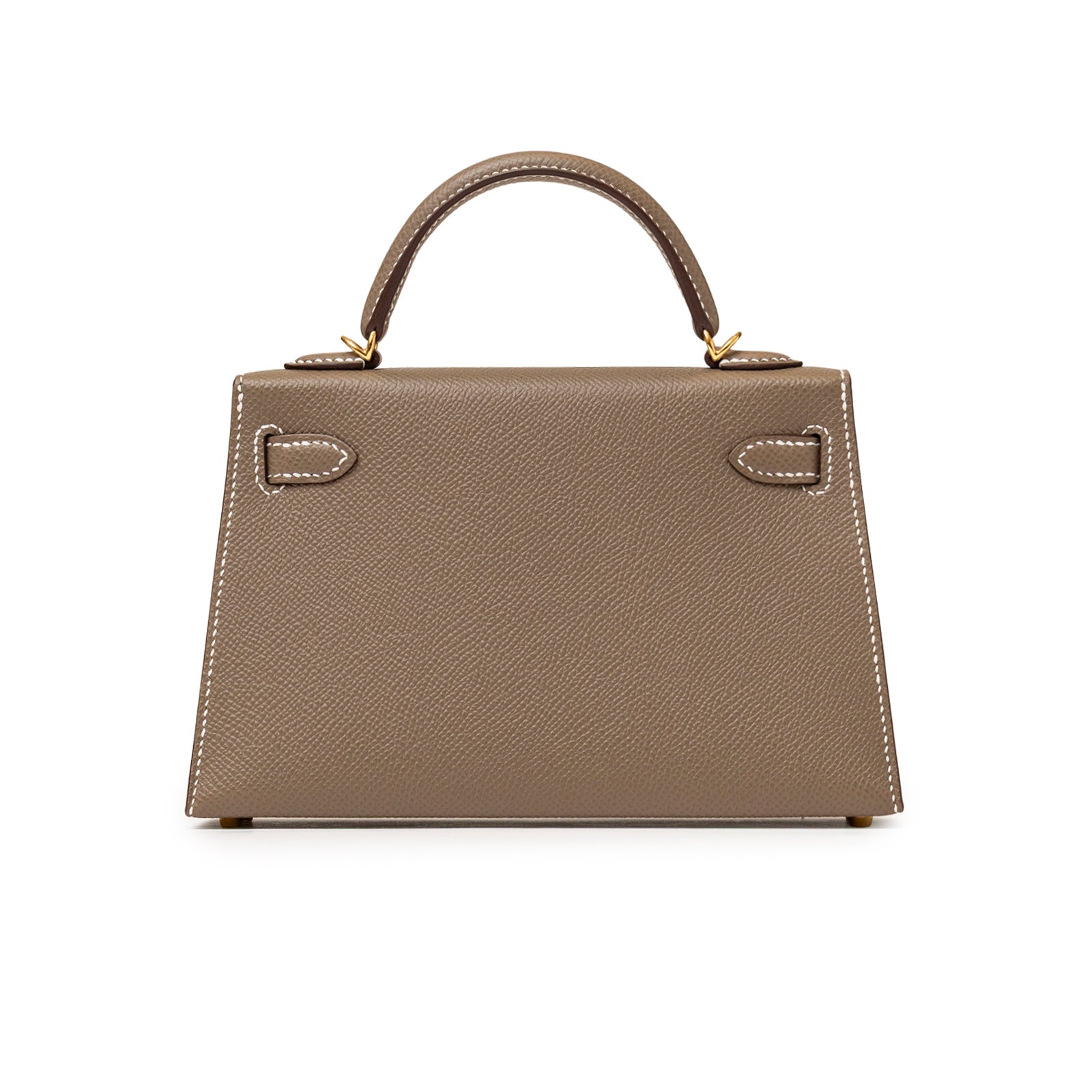 Back view of Hermès Mini Kelly II Sellier Etoupe Epsom Gold Hardware showing textured leather and handle design