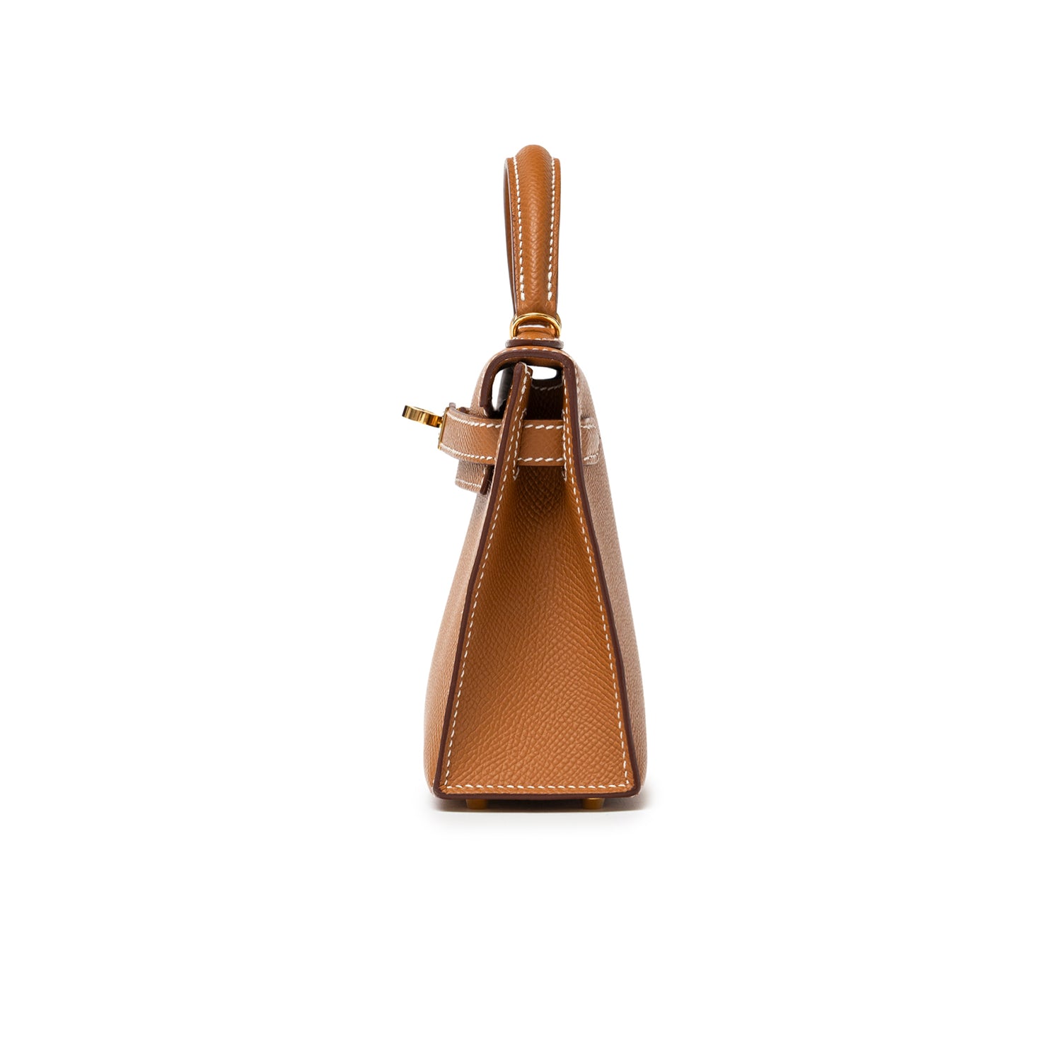 Side view of Hermès Mini Kelly II Sellier Gold Epsom Gold Hardware with structured silhouette and visible stitching detail