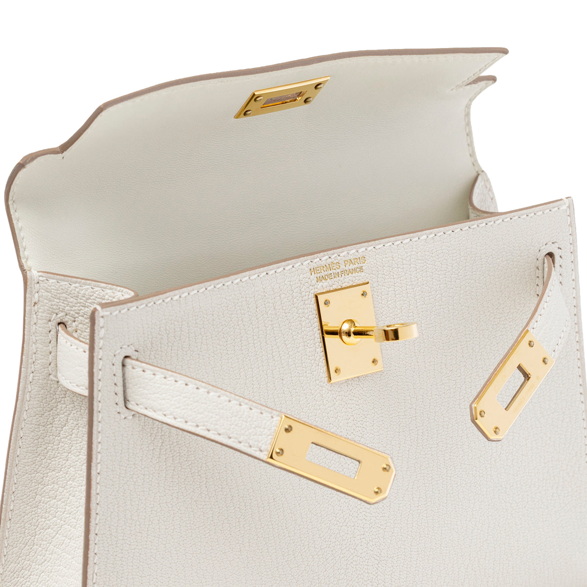Hermès Mini Kelly II Sellier Mushroom Chevre Mysore Gold Hardware open interior view