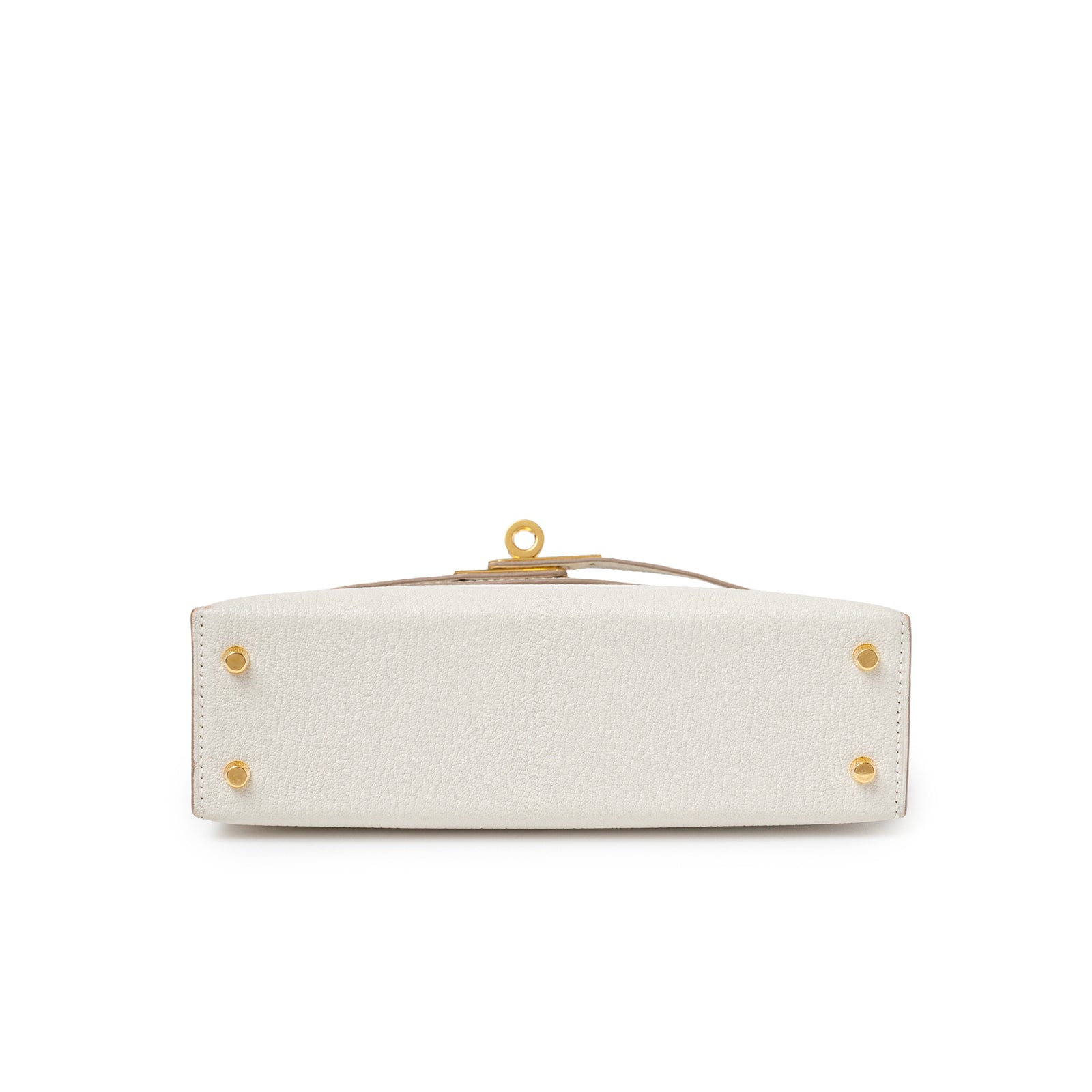Hermès Mini Kelly II Sellier Mushroom Chevre Mysore Gold Hardware bottom view with gold feet