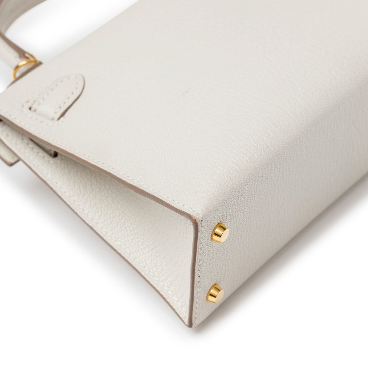 Hermès Mini Kelly II Sellier Mushroom Chevre Mysore Gold Hardware corner detail