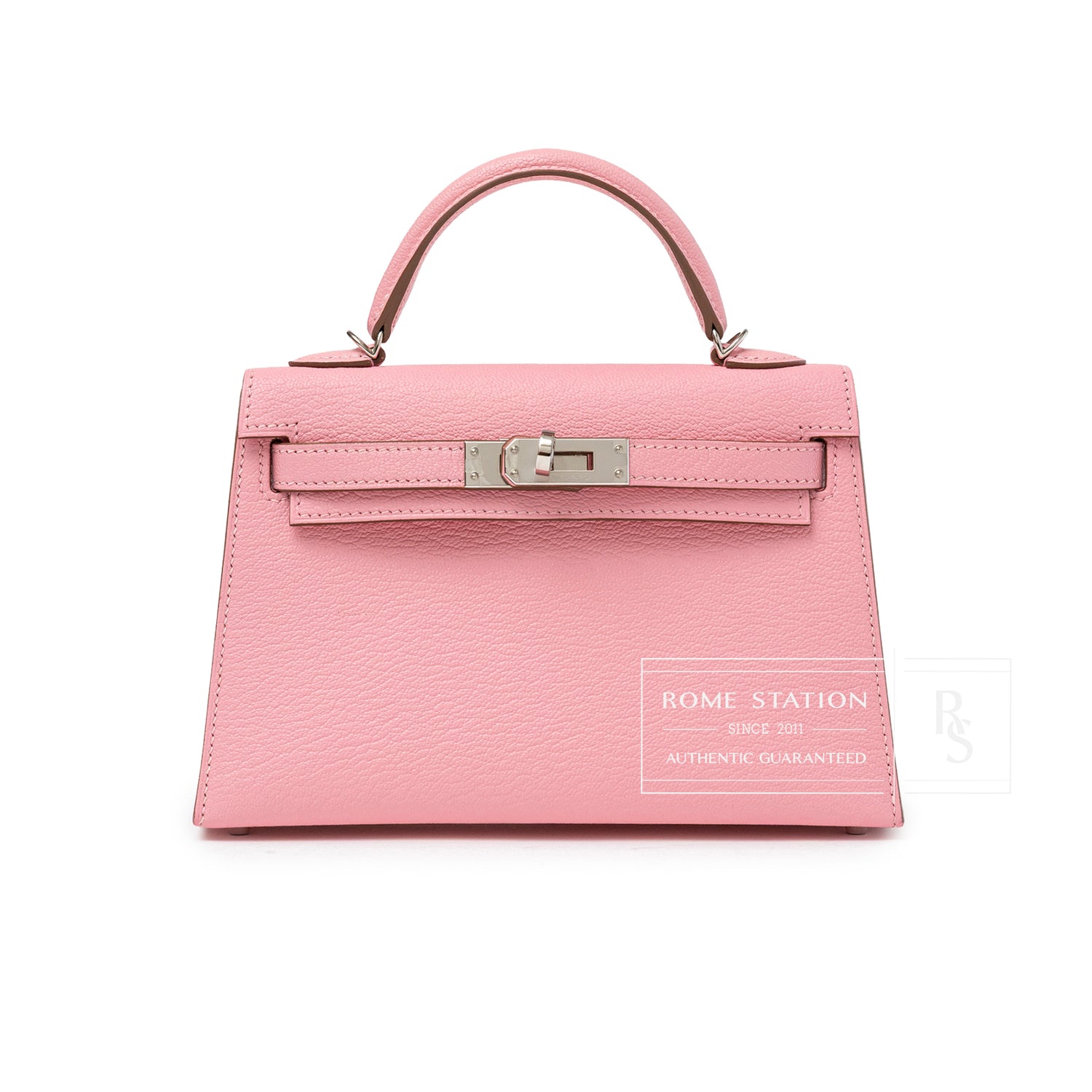Front view of Hermès Mini Kelly II Sellier Rose Confetti Chevre Mysore Palladium Hardware handbag