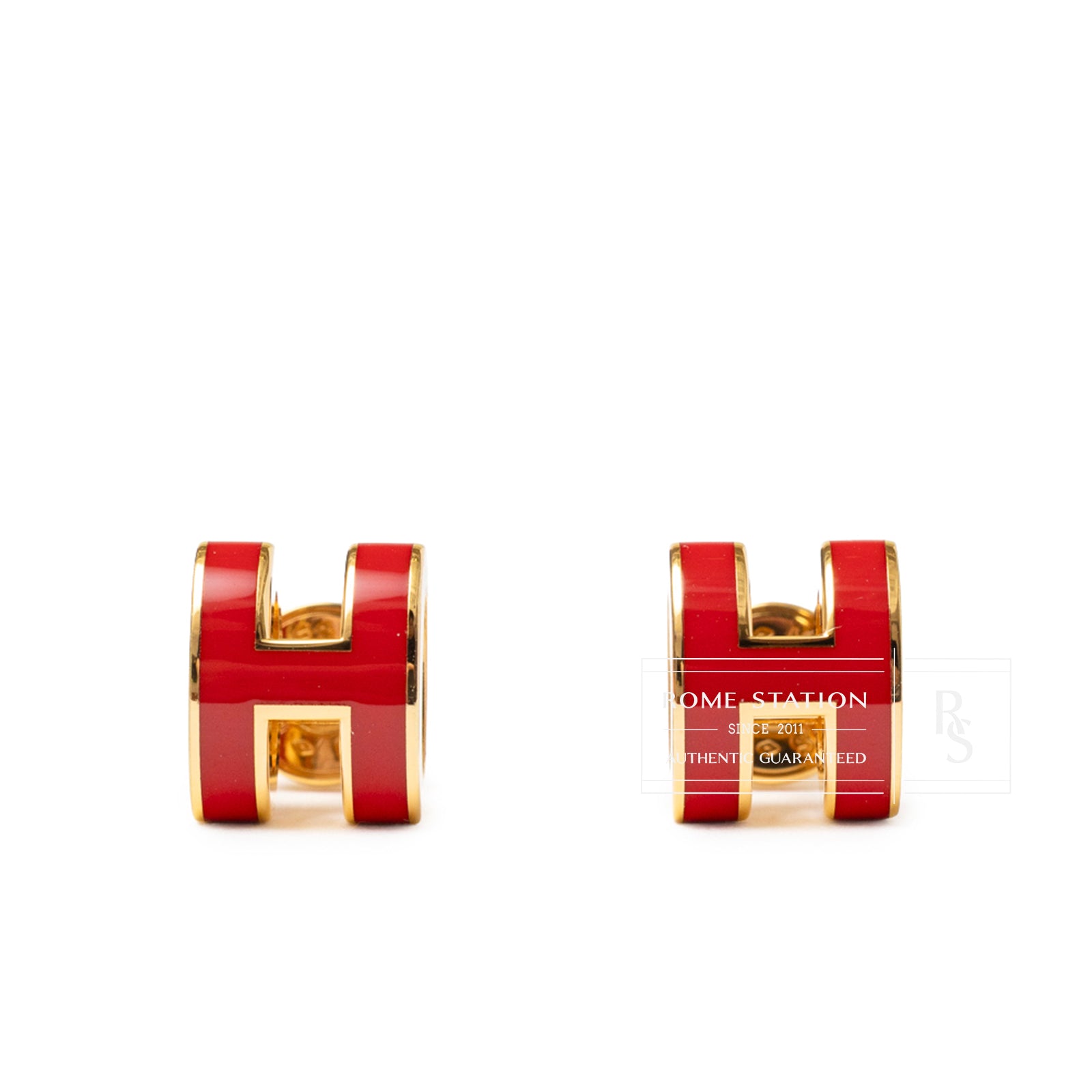 Front view of Hermès Mini Pop H Earrings Red Gold Plated showing red enamel and shiny gold edges