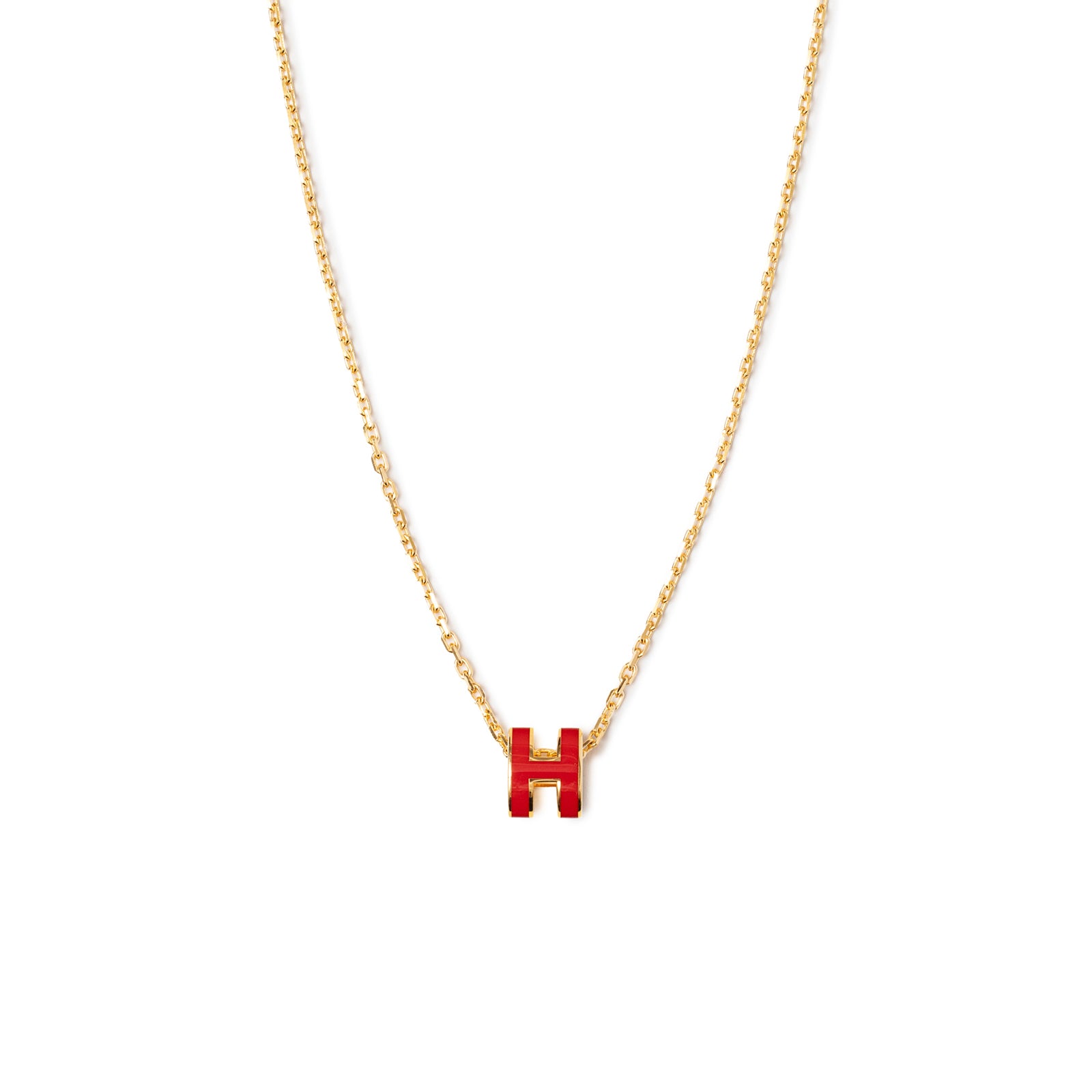 Back view of Hermès Mini Pop H Pendant Red Gold Plated with red enamel H charm on delicate gold chain