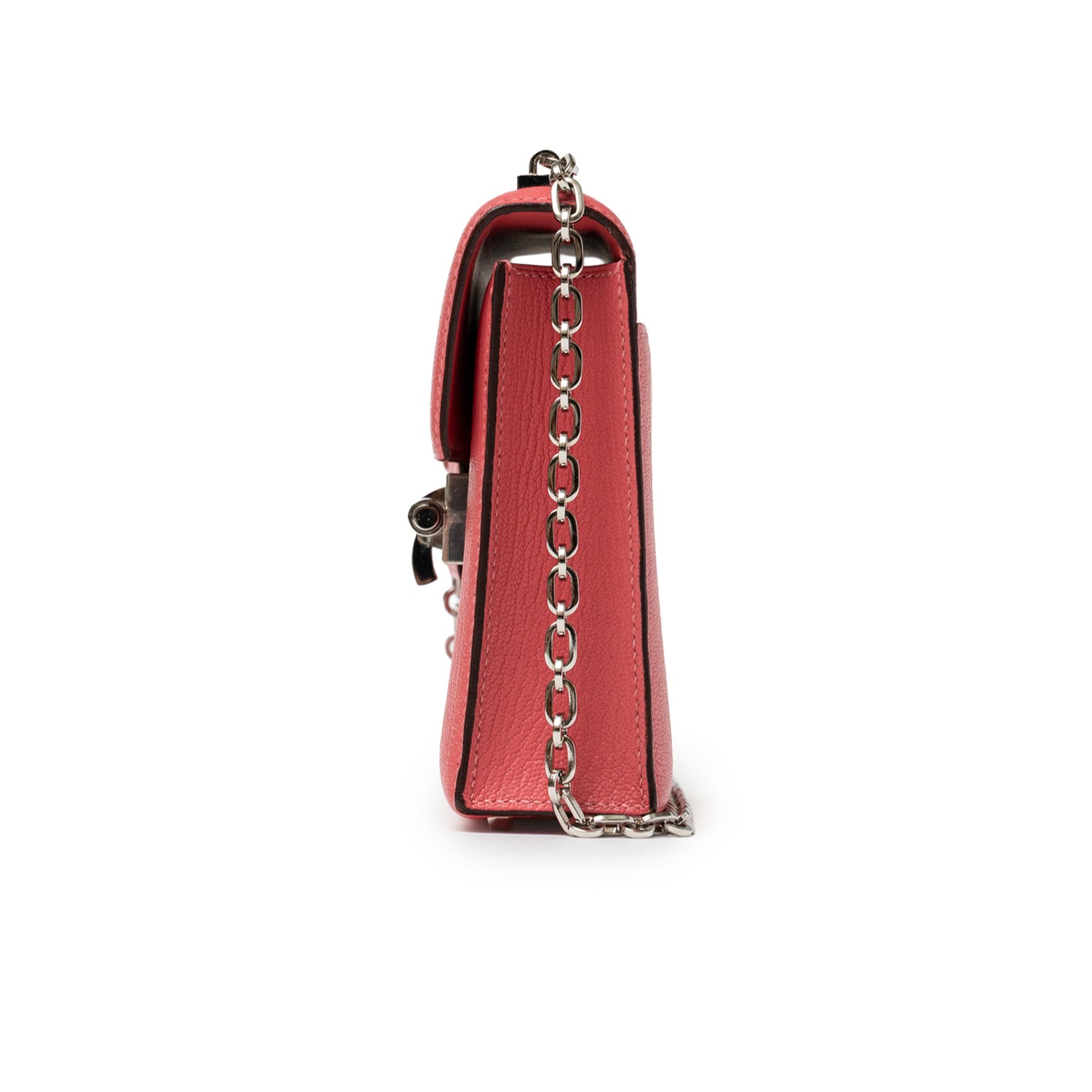 Side view of Hermès Mini Verrou Chaine Bag Rose Azalee Chevre Mysore Palladium Hardware showing chain strap detail