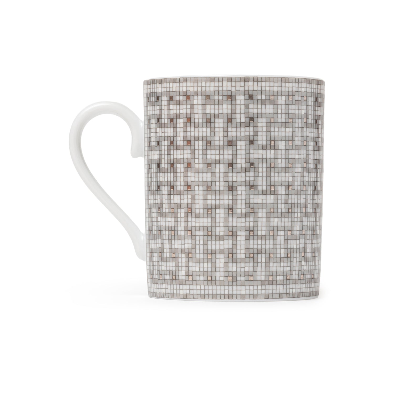 Back view of Hermès Mosaique au 24 Platinum Mug featuring intricate platinum mosaic pattern on white porcelain