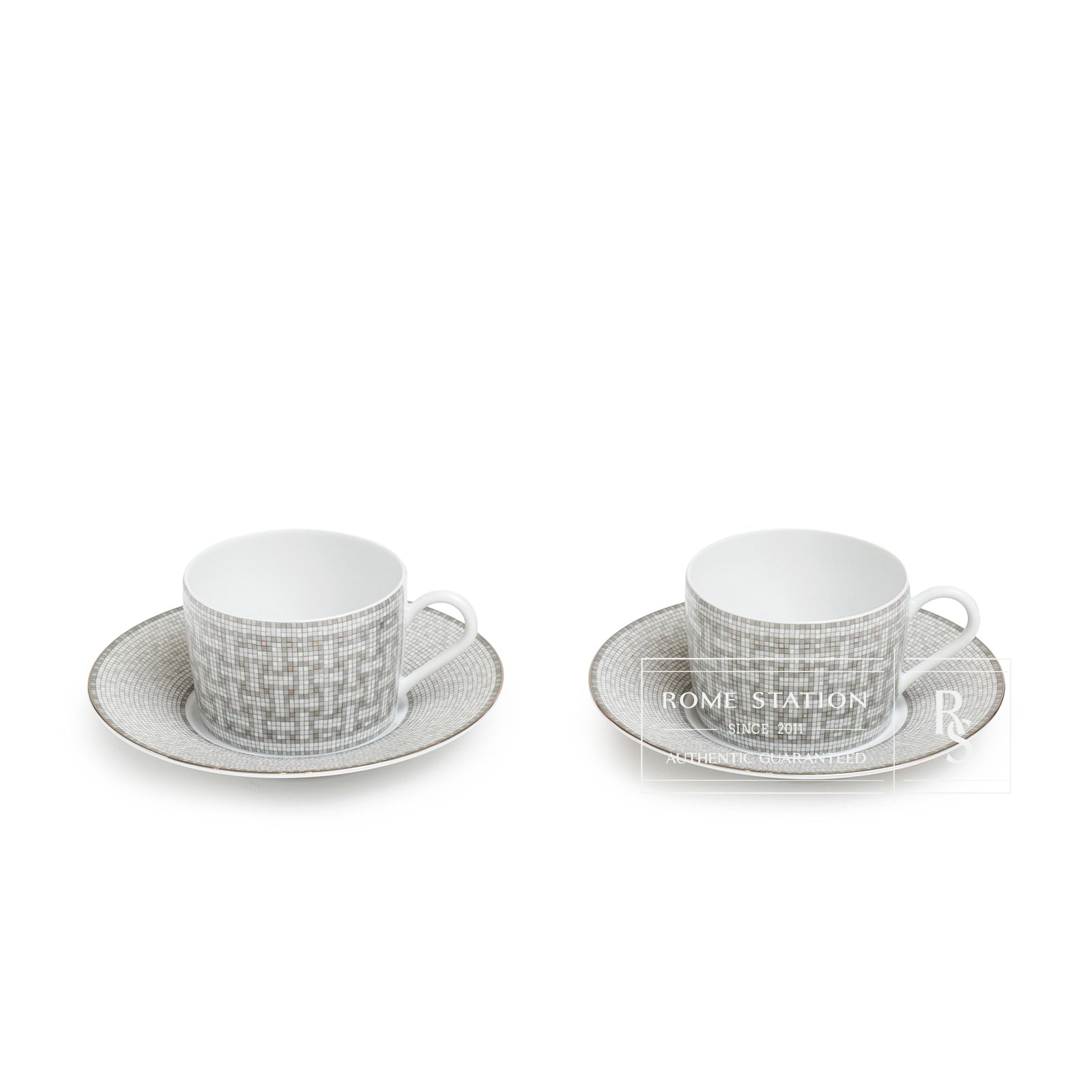 Hermès Mosaique au 24 Platinum Tea Cup & Saucer Set of Two