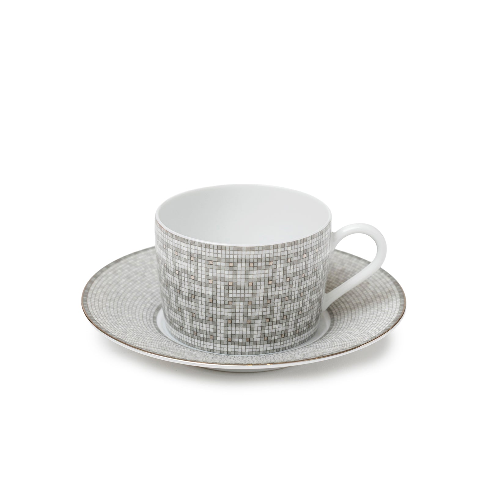 Hermès Mosaique au 24 Platinum Tea Cup & Saucer with intricate platinum mosaic pattern
