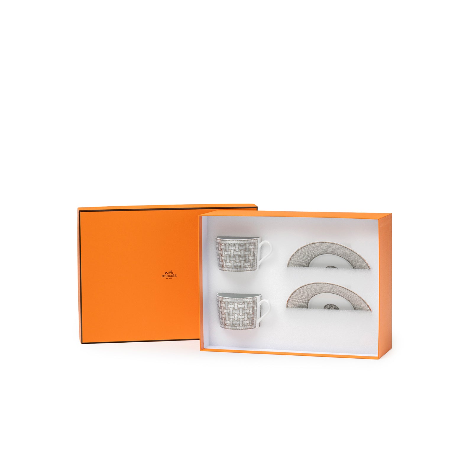 Hermès Mosaique au 24 Platinum Tea Cup & Saucer Set of Two in Hermès orange box with patterned detail