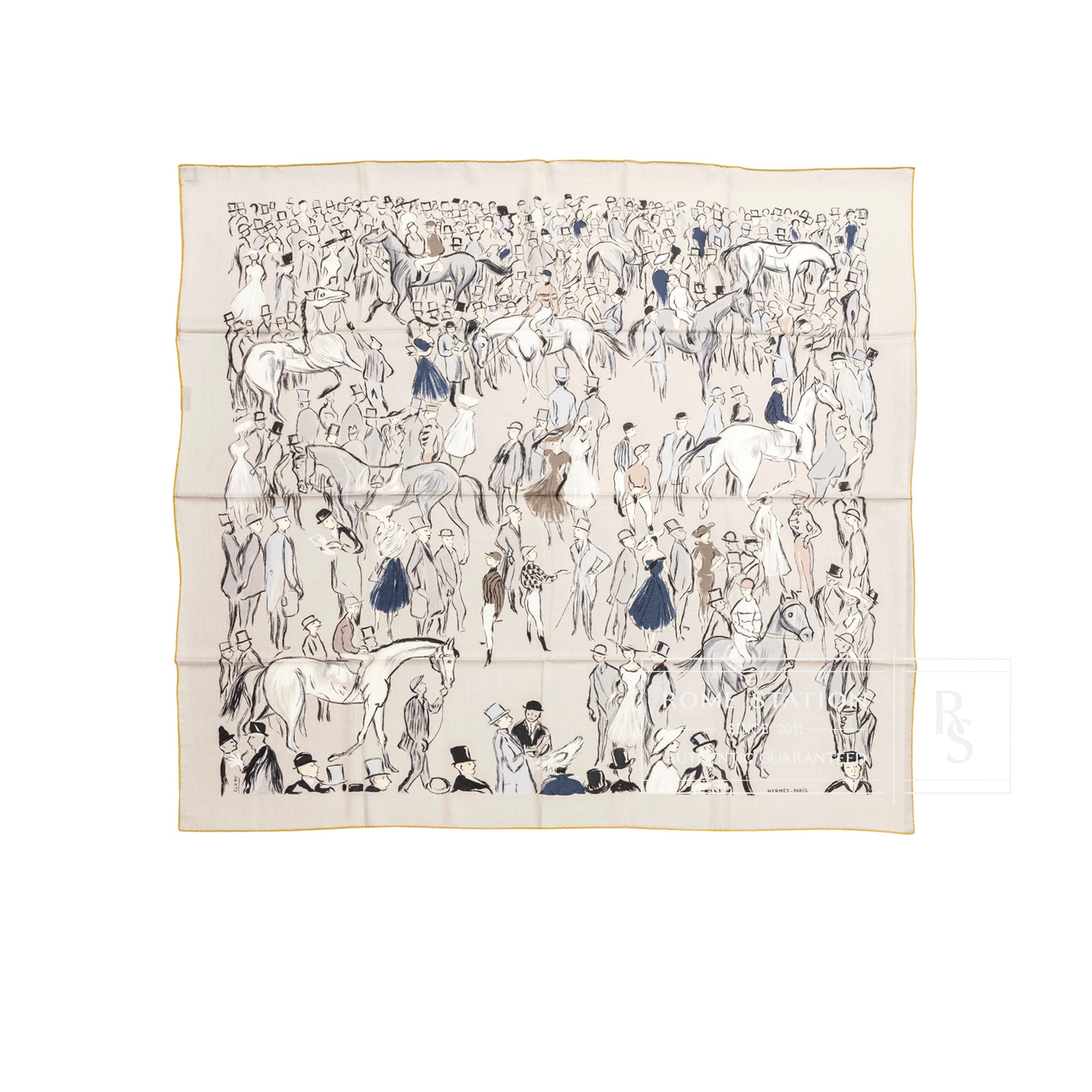 Top-down view of Hermès Paddock Shawl 140 Gris Etain Blue Marine Nacre detailed with equestrian crowd scene