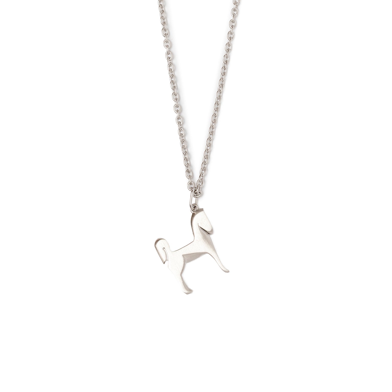 Front view of Hermès Panache Necklace Brushed Palladium with horse-shaped pendant on fine chain