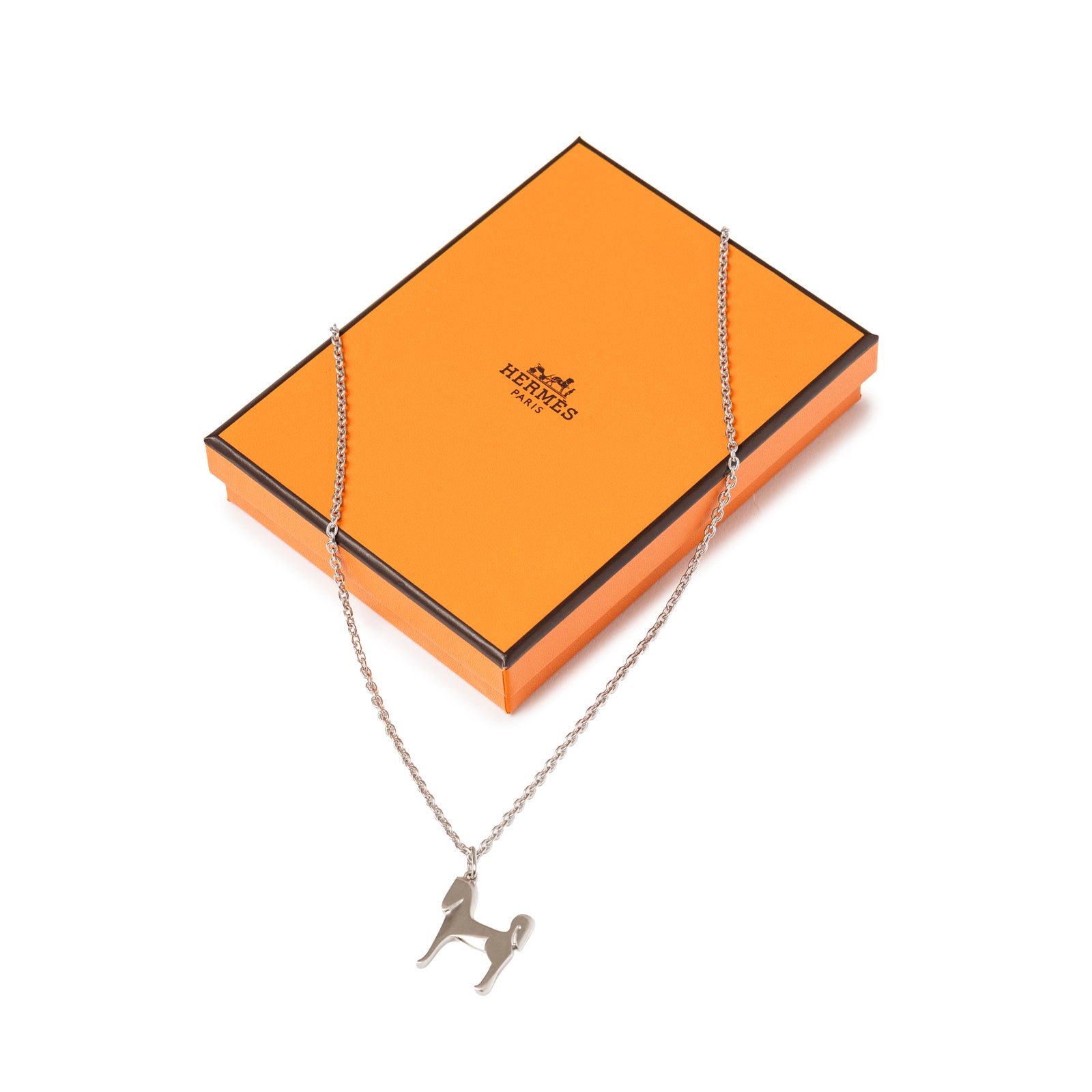 Hermès Panache Necklace Brushed Palladium with dog pendant on iconic Hermès box