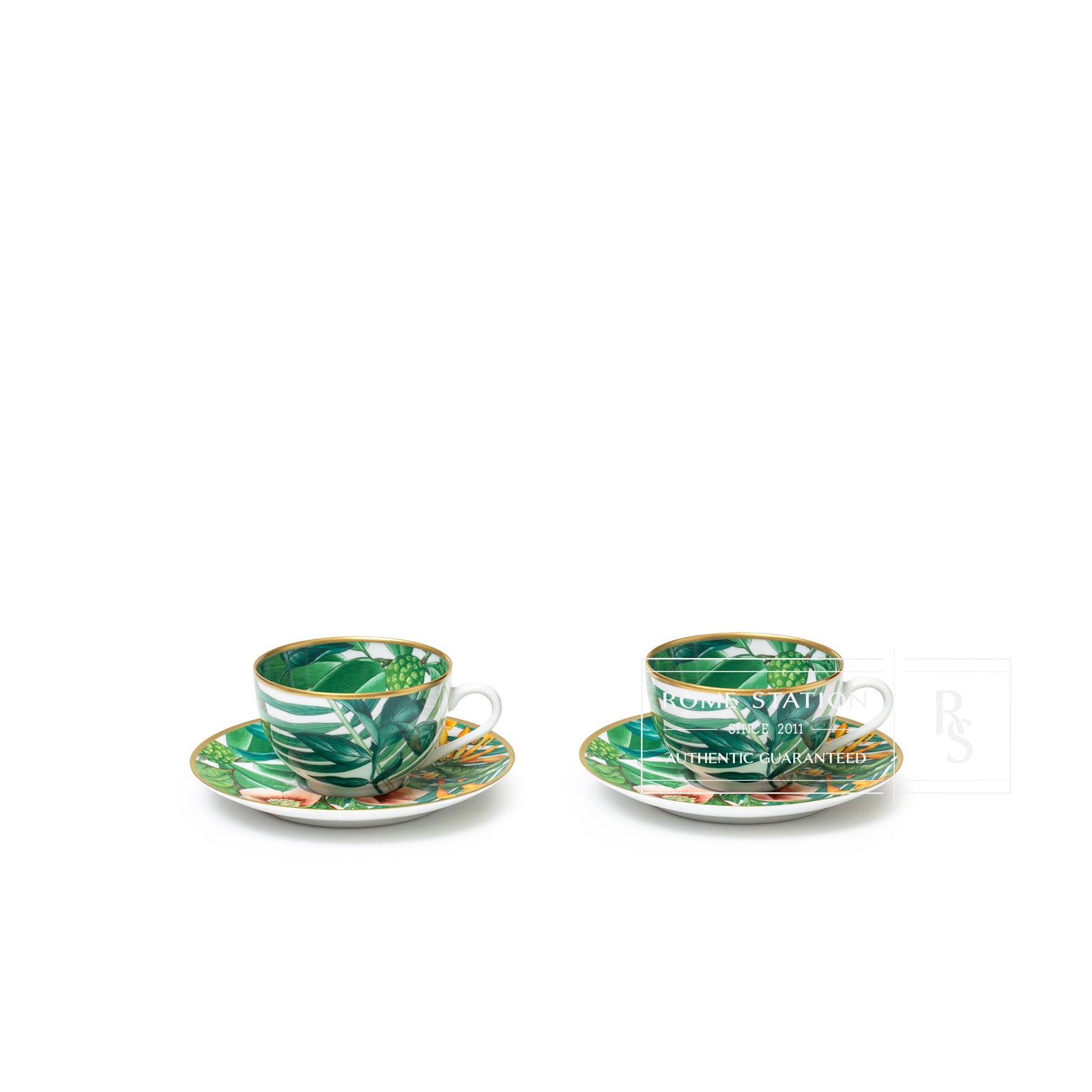 Front view of Hermès Passifolia Porcelain Tea Cup and Saucer Green & White 24K Gold & Porcelain Set of 2 with botanical design