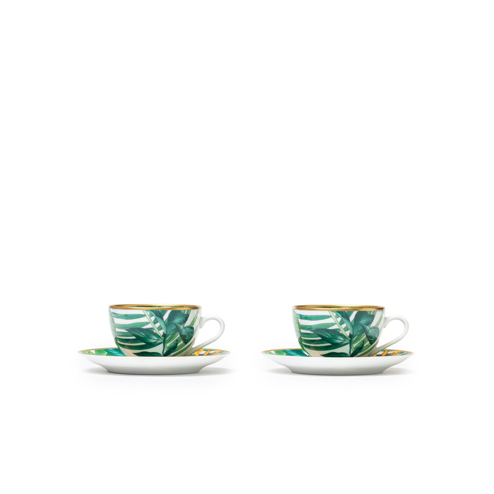 Front view of Hermès Passifolia Porcelain Tea Cup and Saucer Green & White 24K Gold & Porcelain Set of 2 with leaf pattern