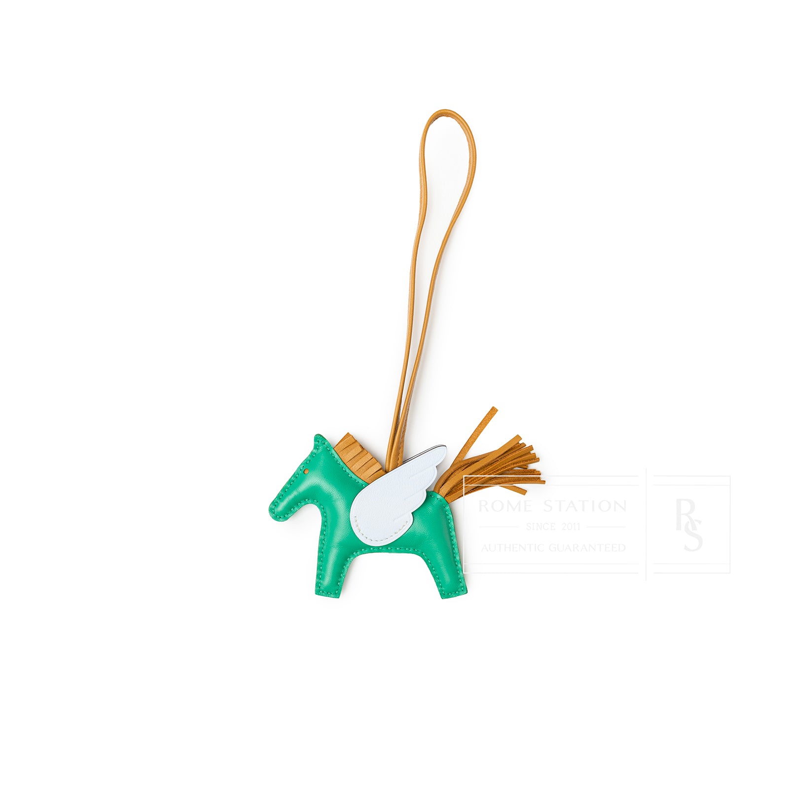 Angled view of Hermès Pegase Rodeo Bag Charm PM Menthe Sesame Blue Brume Milo Lambskin with wing detail