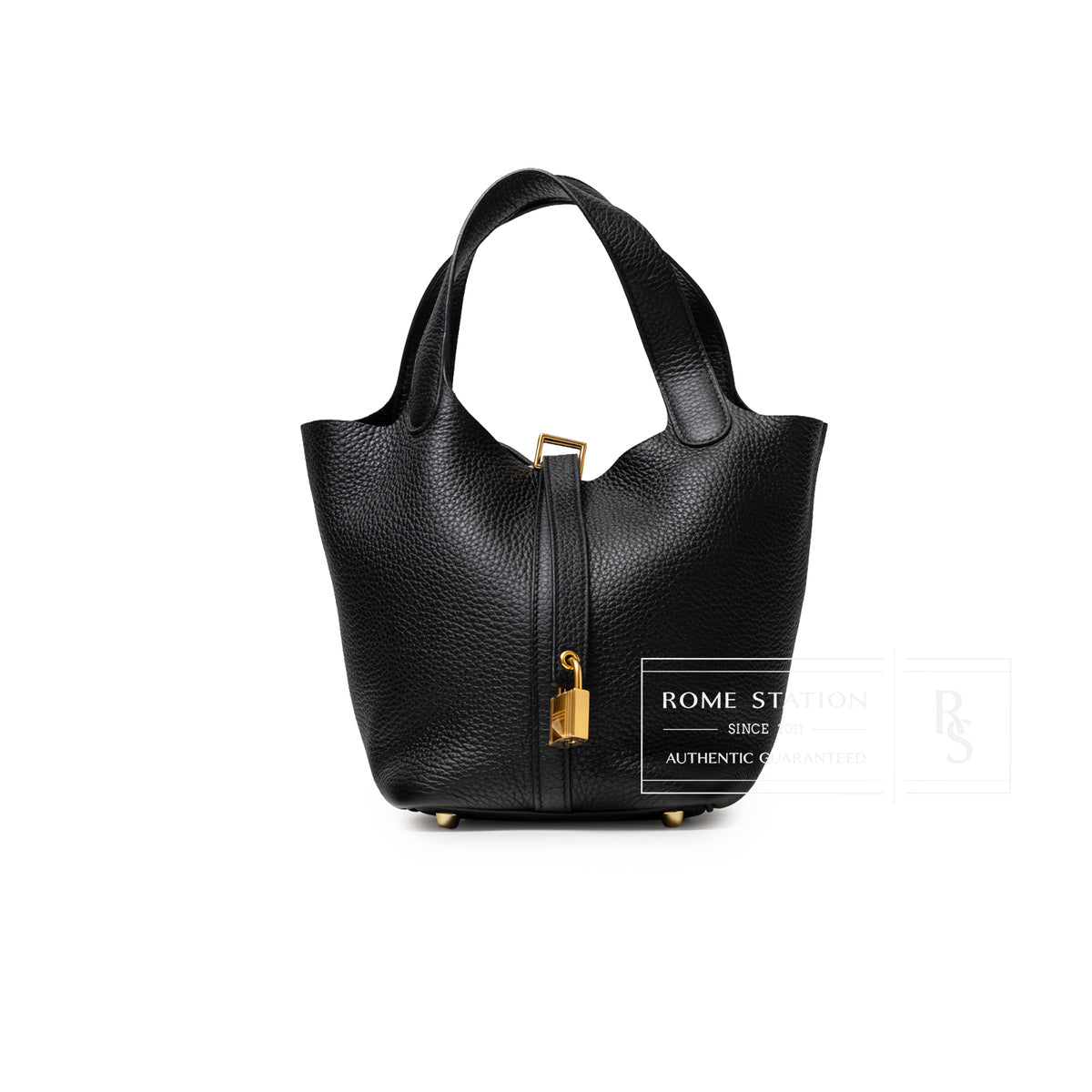 Hermès Picotin 18 Black Clemence Gold Hardware front view with top handles and padlock