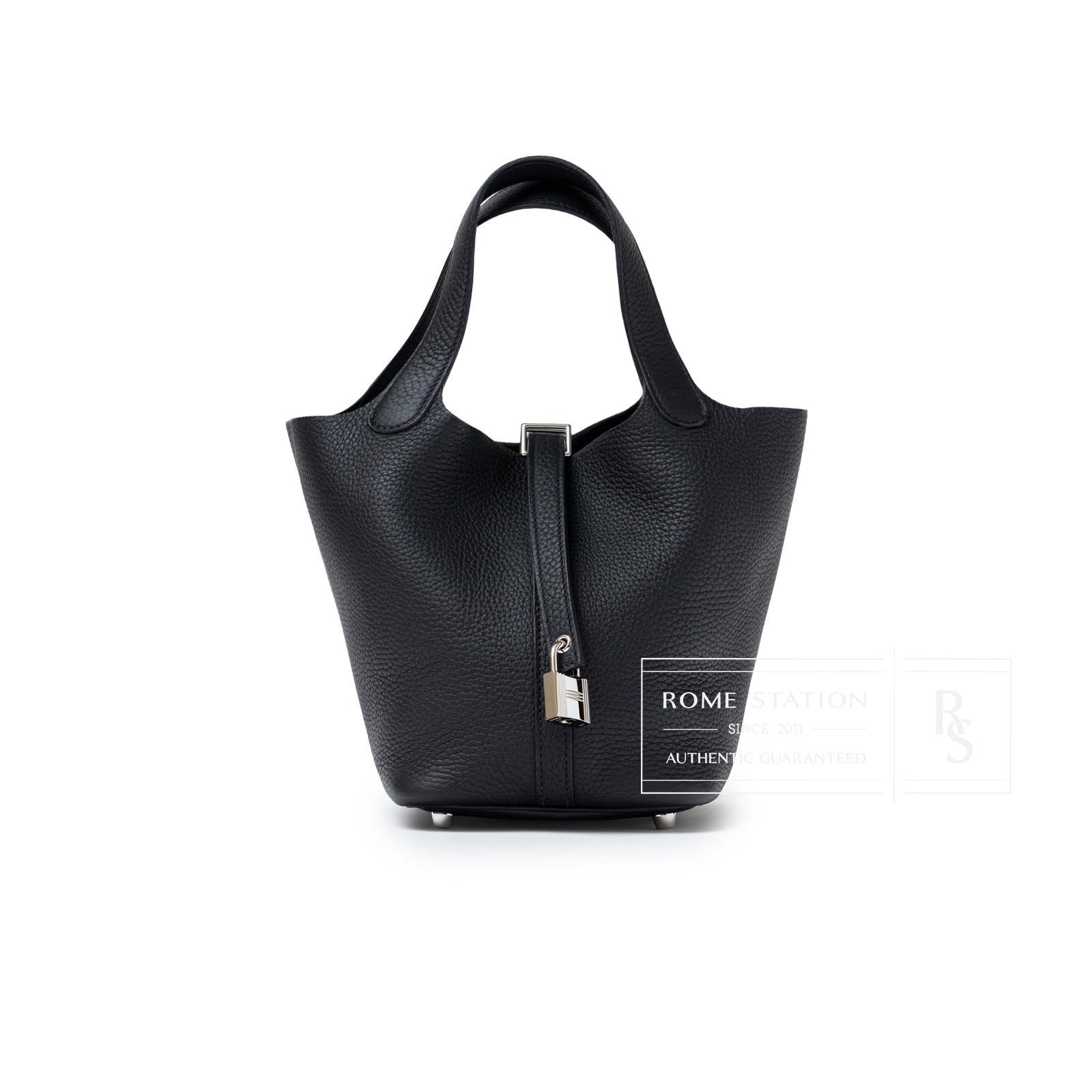 Front view of Hermès Picotin 18 Black Clemence Palladium Hardware showing textured leather and lock detail