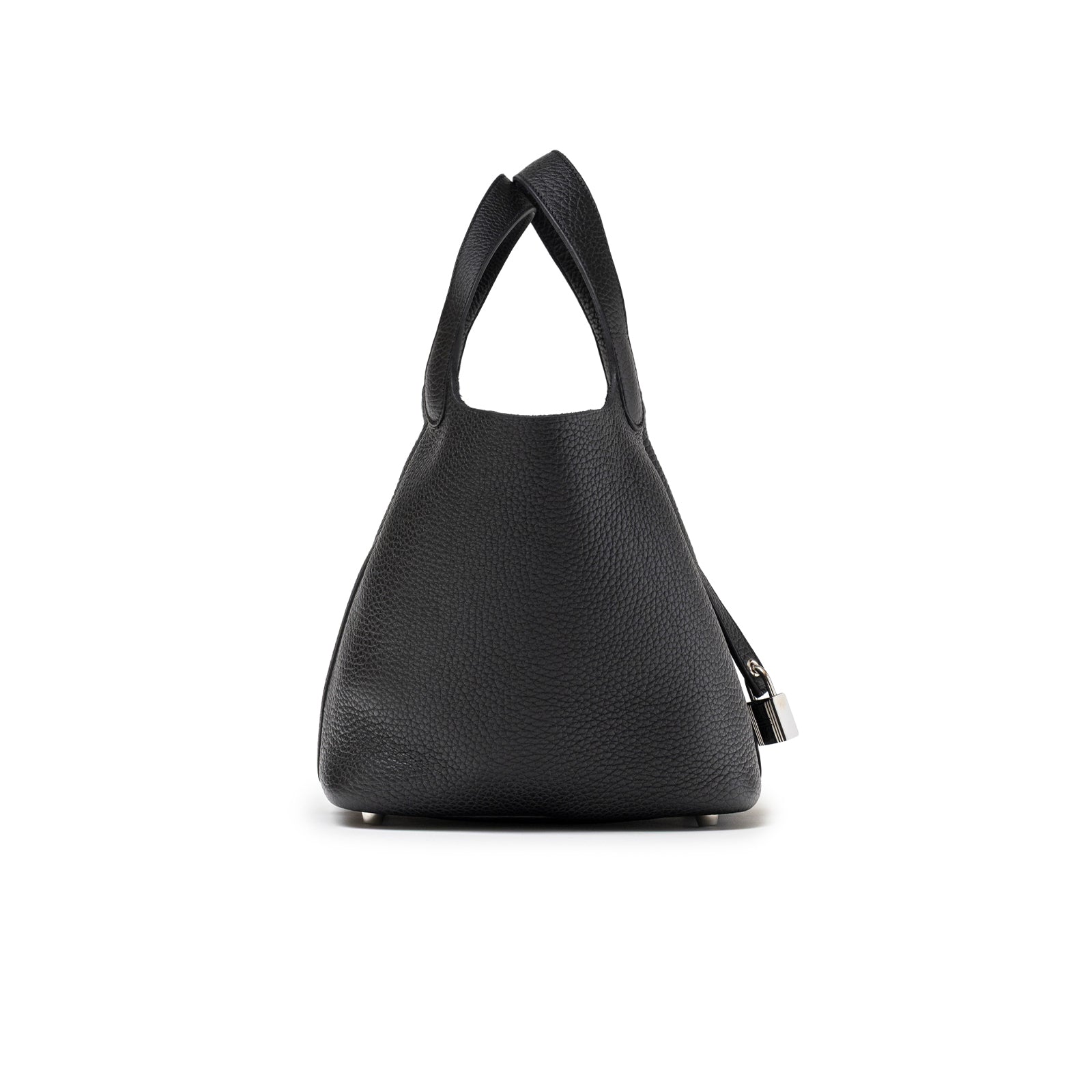 Side view of Hermès Picotin 18 Black Clemence Palladium Hardware showing textured leather and hardware details