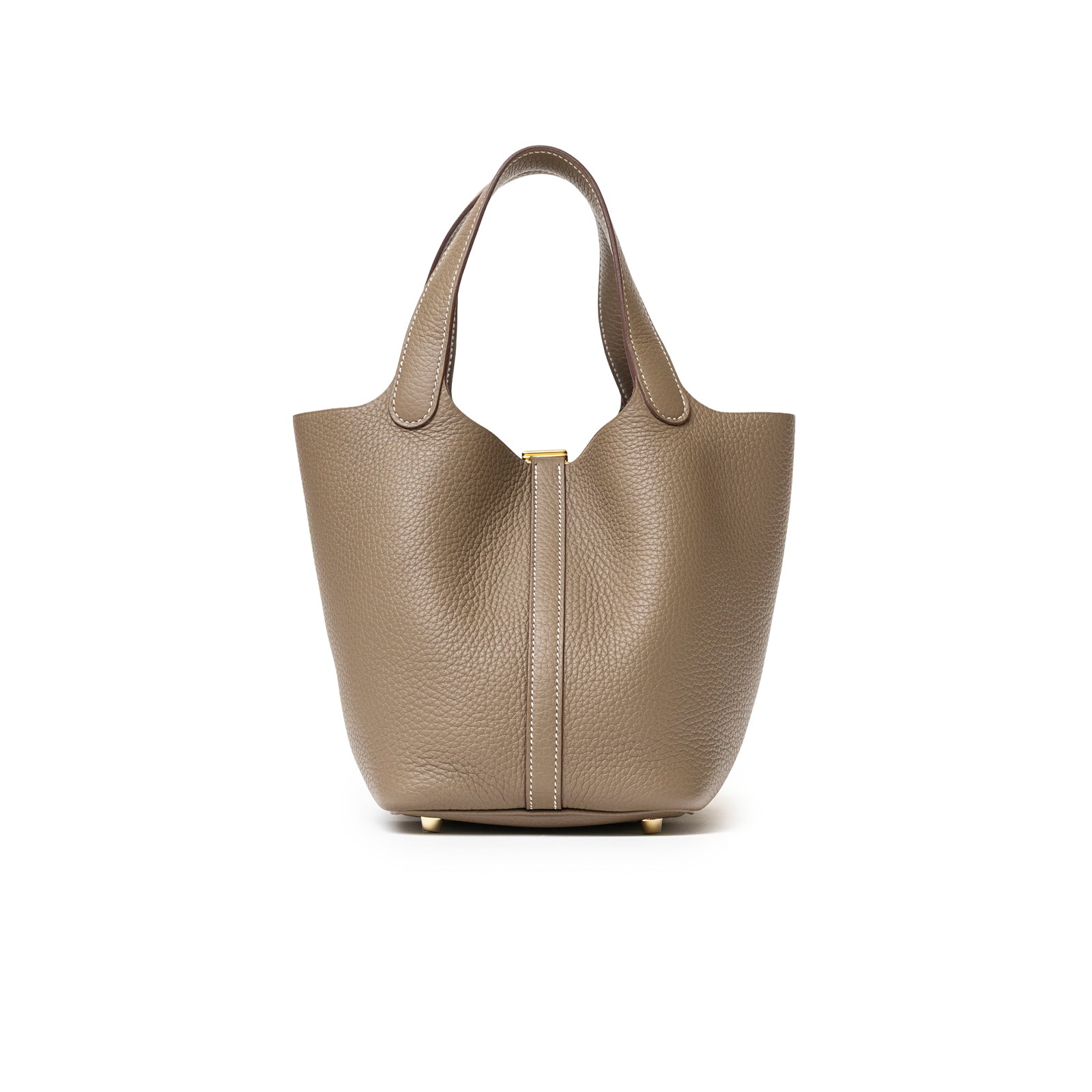 Back view of Hermès Picotin 18 Etoupe Clemence Gold Hardware with pebbled leather and structured handles