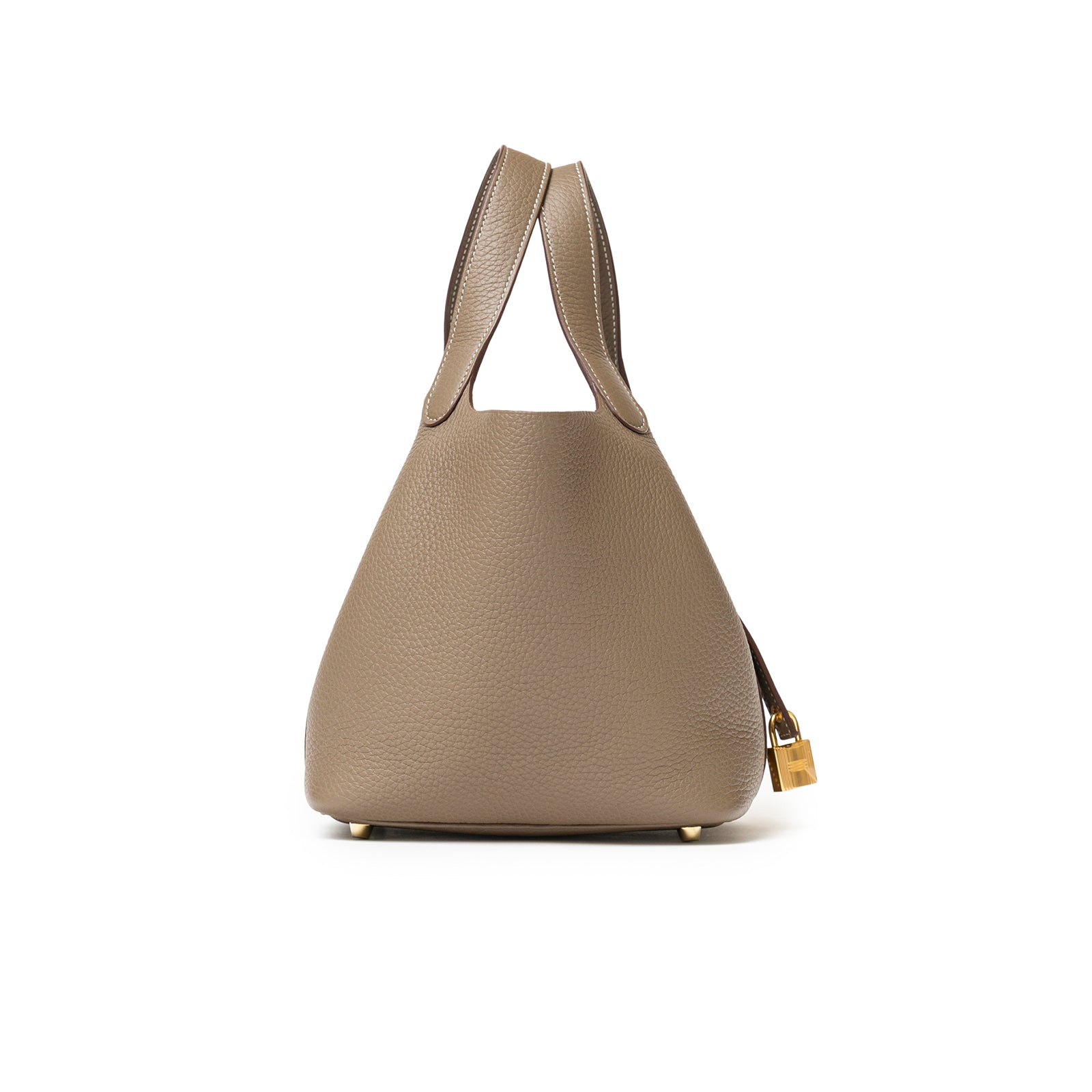 Side angled view of Hermès Picotin 18 Etoupe Clemence Gold Hardware leather handbag with dual handles and padlock detail