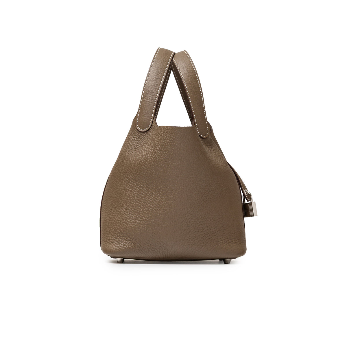 Hermès Picotin 18 Etoupe Clemence Palladium Hardware angled view with handles and feet