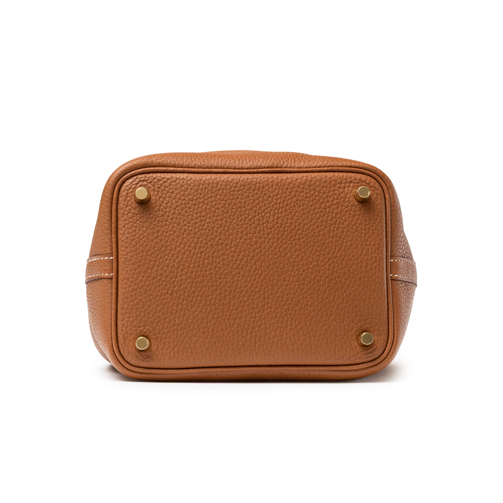 Bottom view of Hermès Picotin 18 Gold Clemence Gold Hardware showing textured leather and gold feet studs