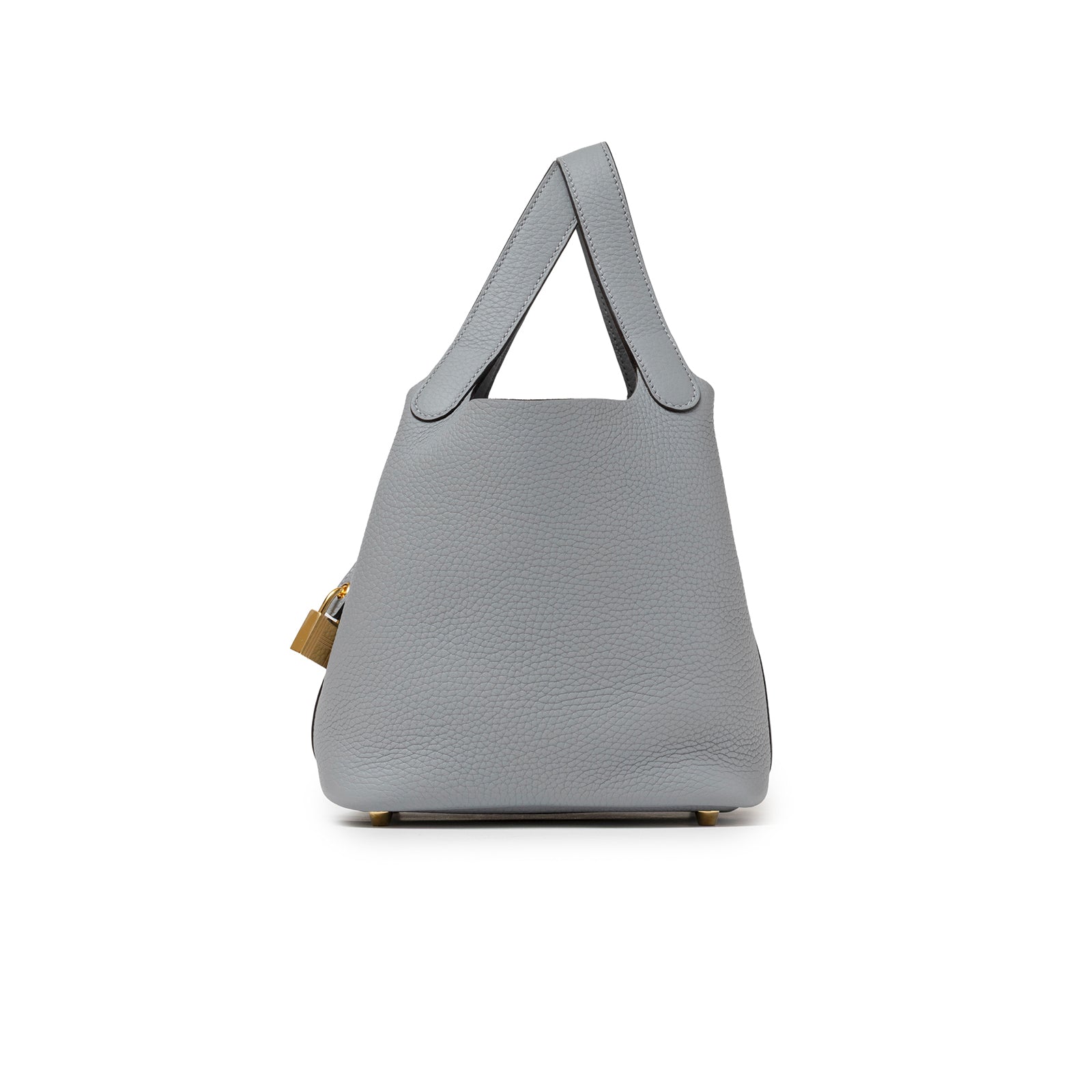 Side view of Hermès Picotin 18 Gris Pantin Clemence Gold Hardware with smooth textured leather and handles visible