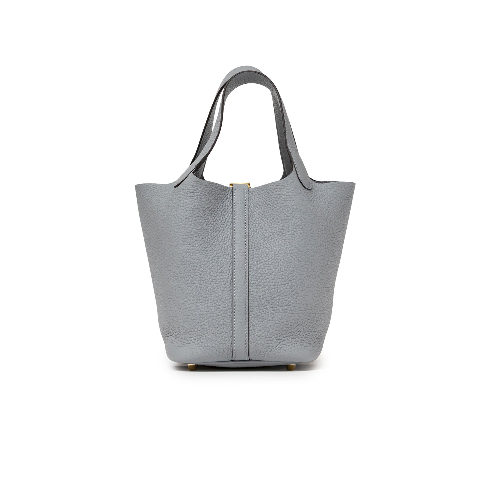 Back view of Hermès Picotin 18 Gris Pantin Clemence Gold Hardware with supple textured leather and short handles visible