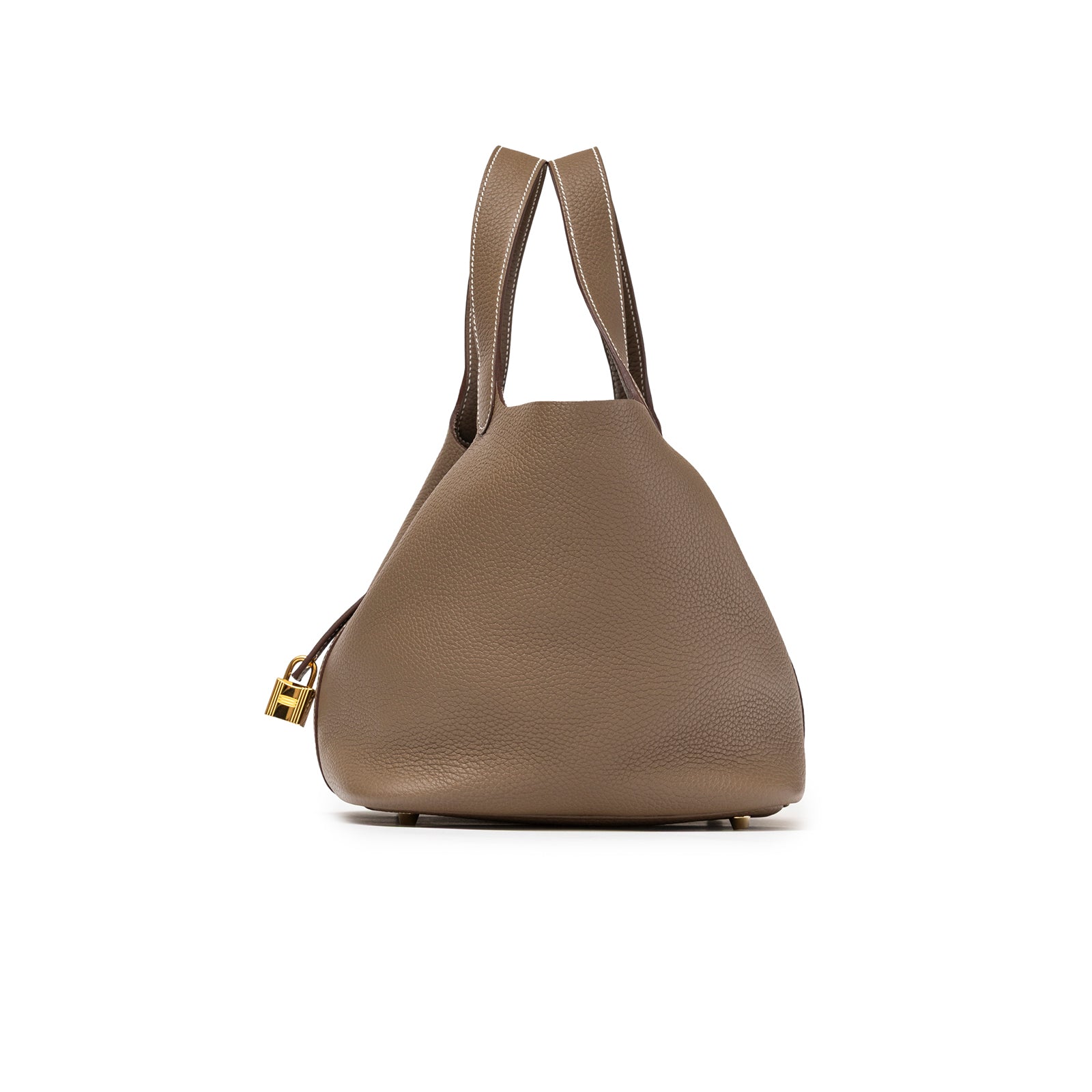 Side view of Hermès Picotin 22 Etoupe Clemence Gold Hardware showcasing soft grain leather and gold lock detail