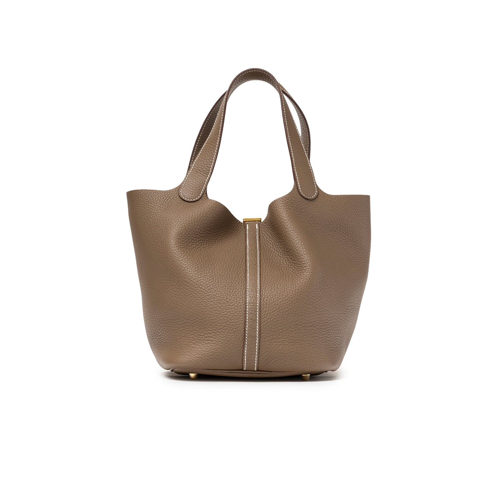 Back view of Hermès Picotin 22 Etoupe Clemence Gold Hardware tote with grain leather and gold accent