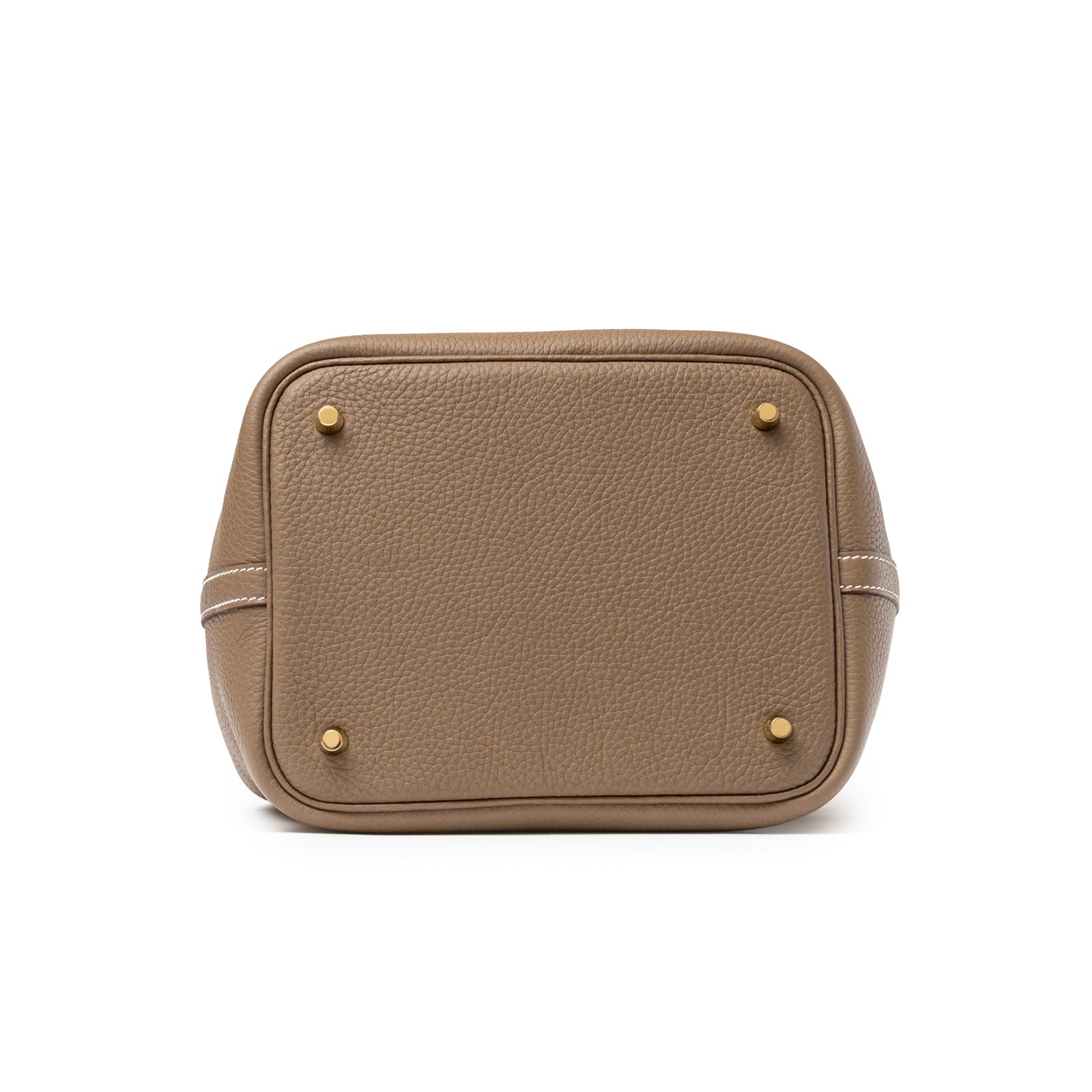 Bottom view of Hermès Picotin 22 Etoupe Clemence Gold Hardware showing structured leather base with gold studs